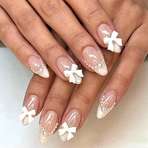 Press on Nails Short - 24Pcs Almond Pink Artificial Fake Nails with 3D Bow Tie Pearl French Tip False Nails with Glue Acrylic Reusable Press On for Women Girls - 3D Bow Pearl - 1 count (Pack of 1)
