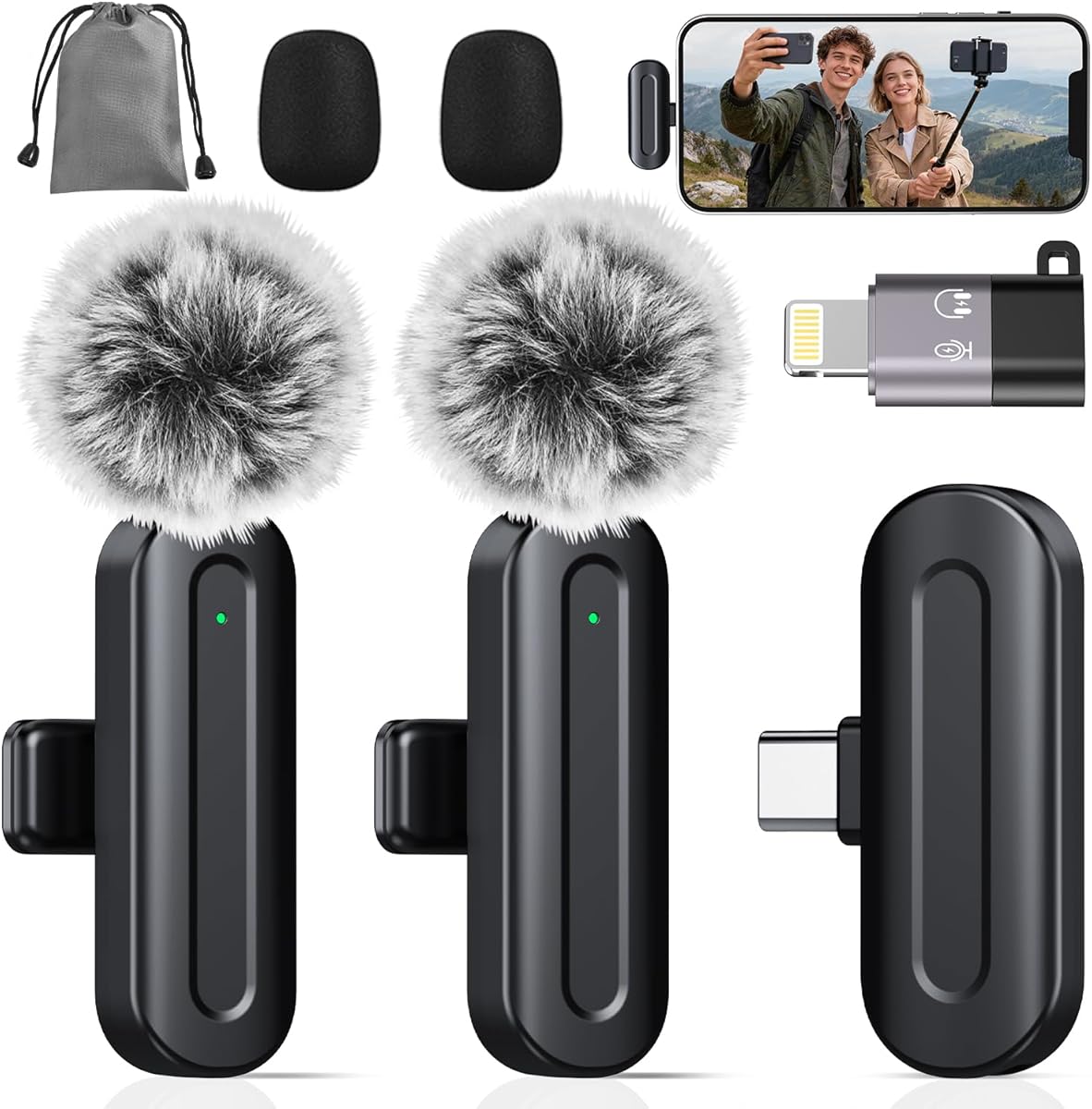PQRQP Wireless Mini Microphone for iPhone/iPad/Android: 2 Pack Lavalier Microphone for Video Recording, High-Fidelity Audio iPhone Mic with USB-C for Content Creators, Preamps