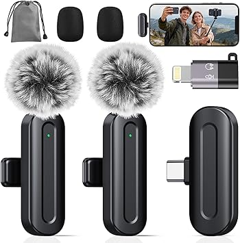 PQRQP Wireless Mini Microphone for iPhone/iPad/Android 2 Pack Lavalier Microphone for Video Recording, High-Fidelity Audio iPhone Mic with USB-C for Content CreatorsGraphite Black