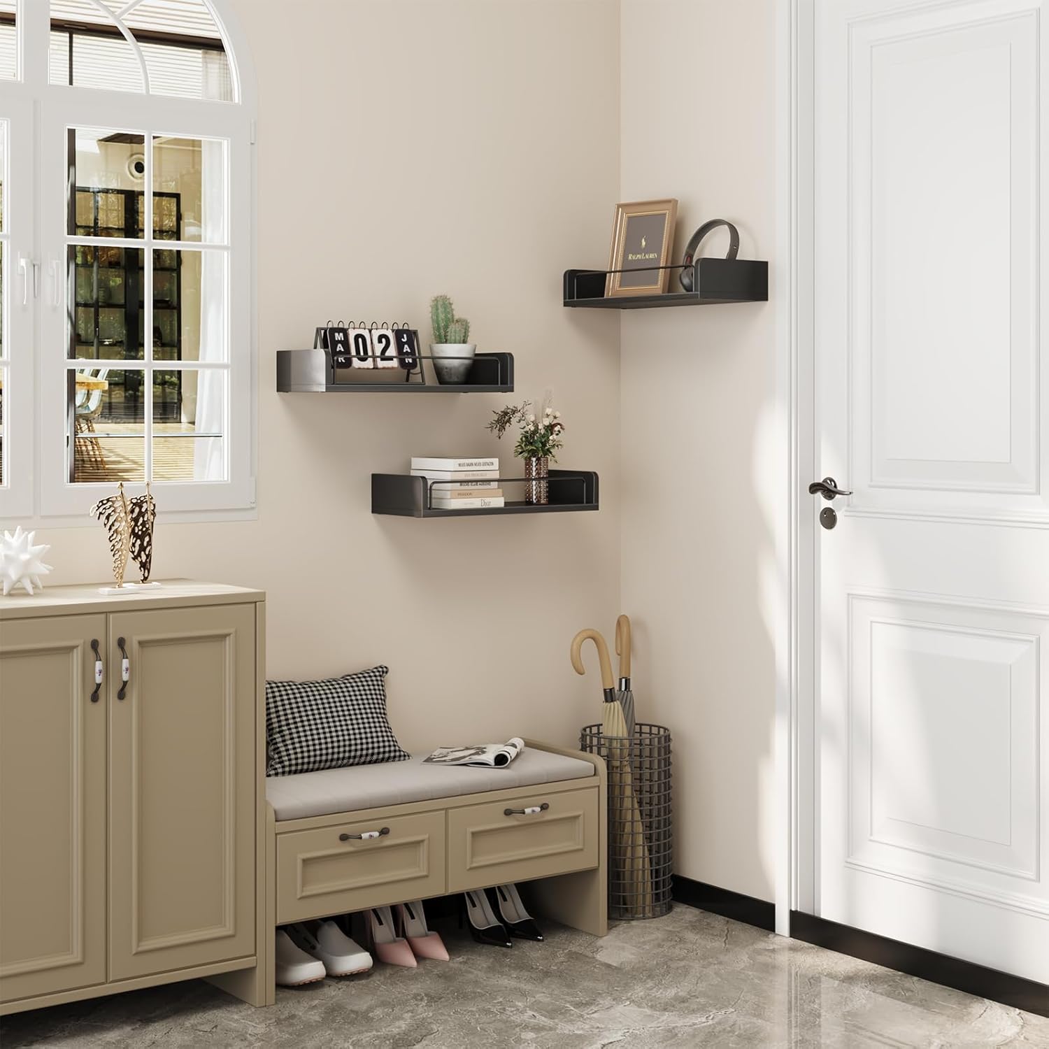 Floating Shelves for Wall, Floating Shelves for Bedroom Kitchen Decor, Wall Mounted Rustic Farmhouse Wood Shelf for Books, Plants, Set of 3 (Black)