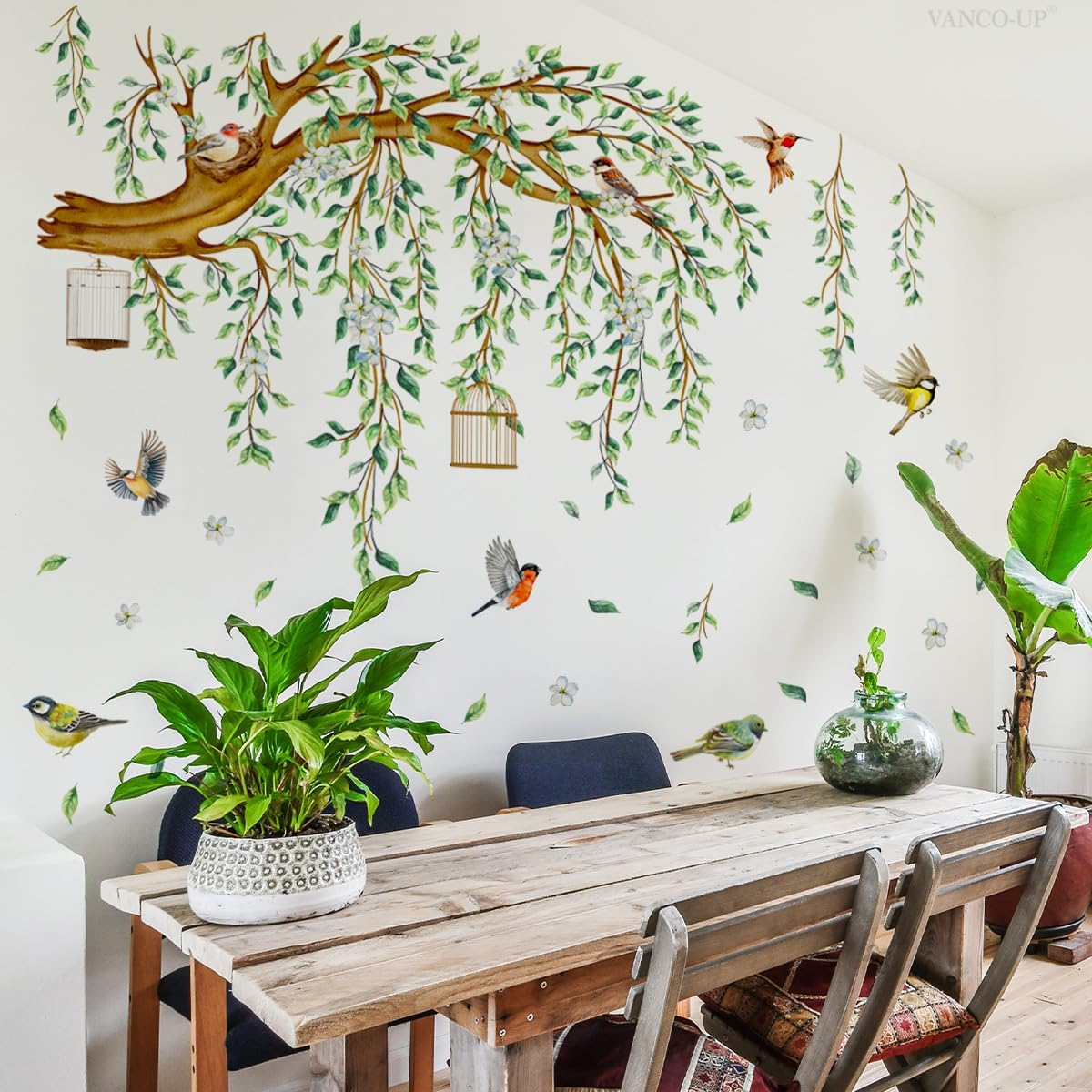 Large Tree Branch Wall Decals Hanging Green Vine Leaves Birds Nest Wall Art Stickers Spring Blossom Flower Tree Home Decor Murals for Living Room Bedroom Tv Background Decor