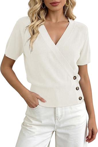 SCUSTY Womens Summer Casual Short Sleeve Knit Sweater V Neck Business Knitted Pullover TopsApricot-XL
