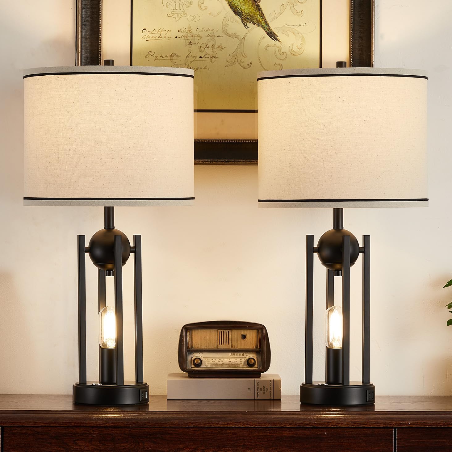 25'' Farmhouse Table Lamps for Living Room Set of 2 with USB C+A Ports, Vintage Bedside Lamp for Bedroom, Touch Lamps for Nightstand, Dual Lights Independent Switch, 4 Bulbs Included, Black