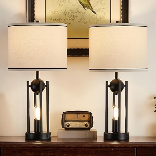 Miniatura 5 de Juego de 2 lámparas de mesa de granja de 25 pulgadas para sala de estar, con puertos USB C+A, lámpara de noche rústica vintage para dormitorio,