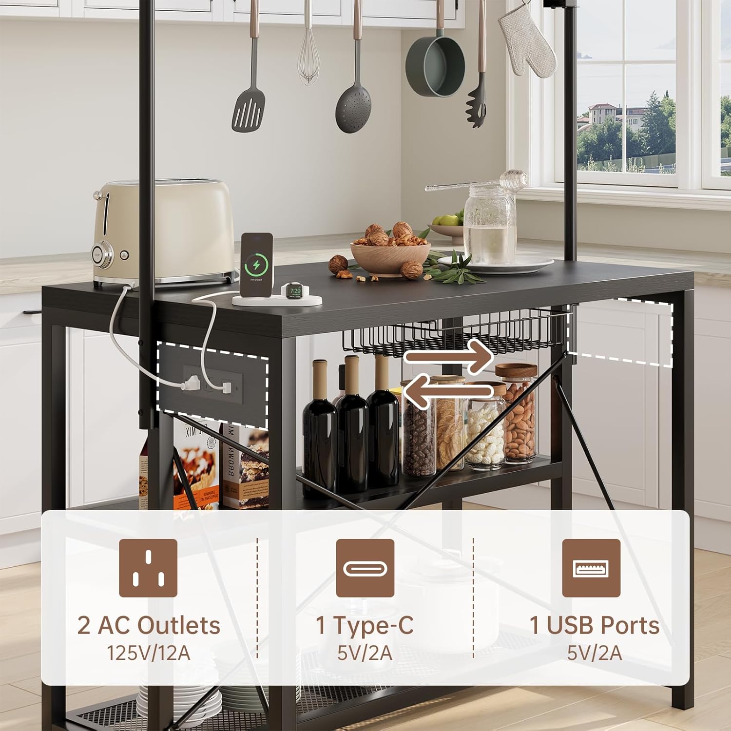 47” Kitchen Island with Storage, Large Bakers Rack with Power Outlet Microwave Oven Stand W/ 3-Tier Shelves & 8 Hooks for Pantry Organization, Metal Coffee Bar Table for Dining Living Room, Black