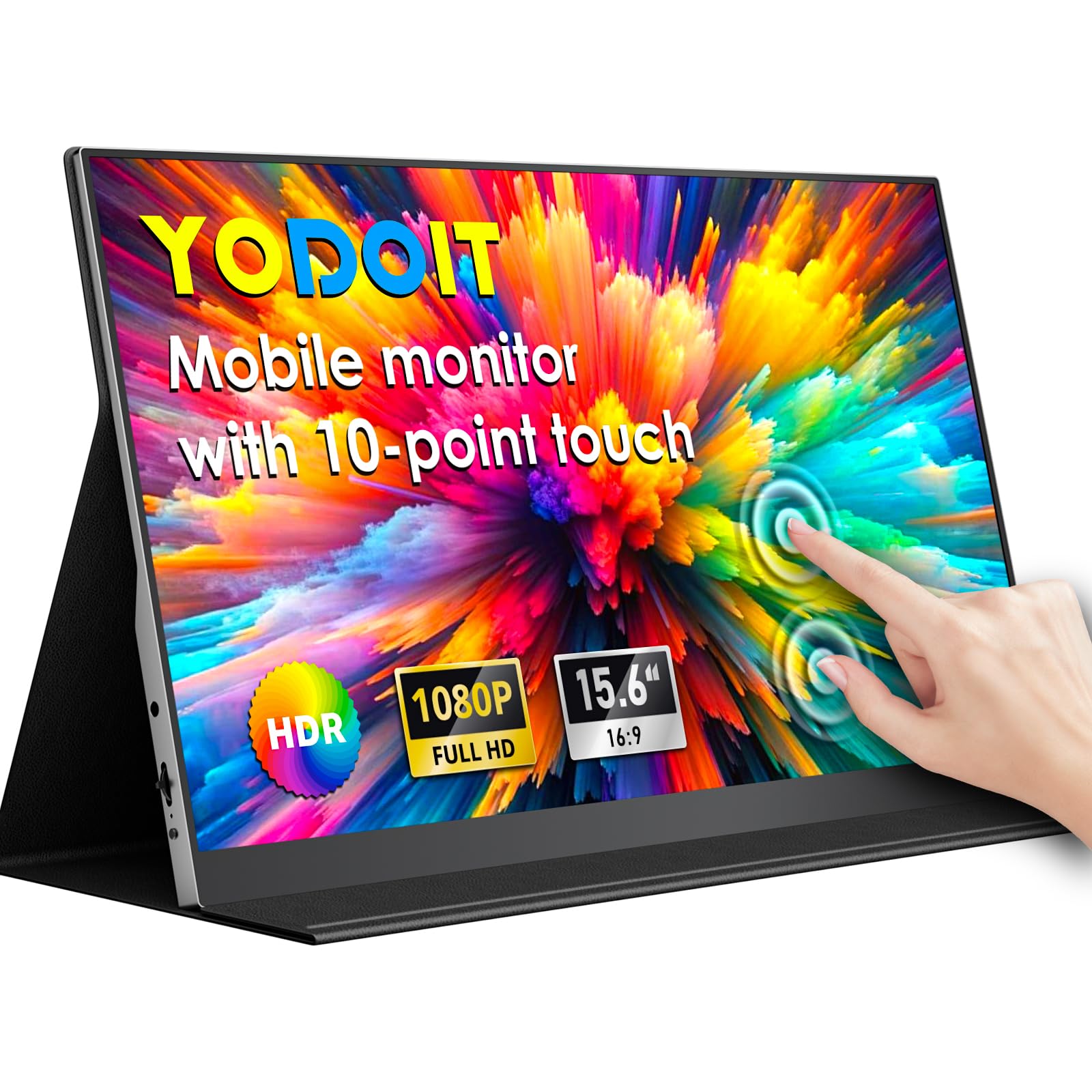 Yodoit Monitor Portatile con touch screen, display IPS da 15,6" 1920×1080P FHD con touch a 10 punti, connettività USB-C e HDMI, altoparlanti integrati e Smart Cover, per laptop/PC/Mac/PS3/4/5/Xbox