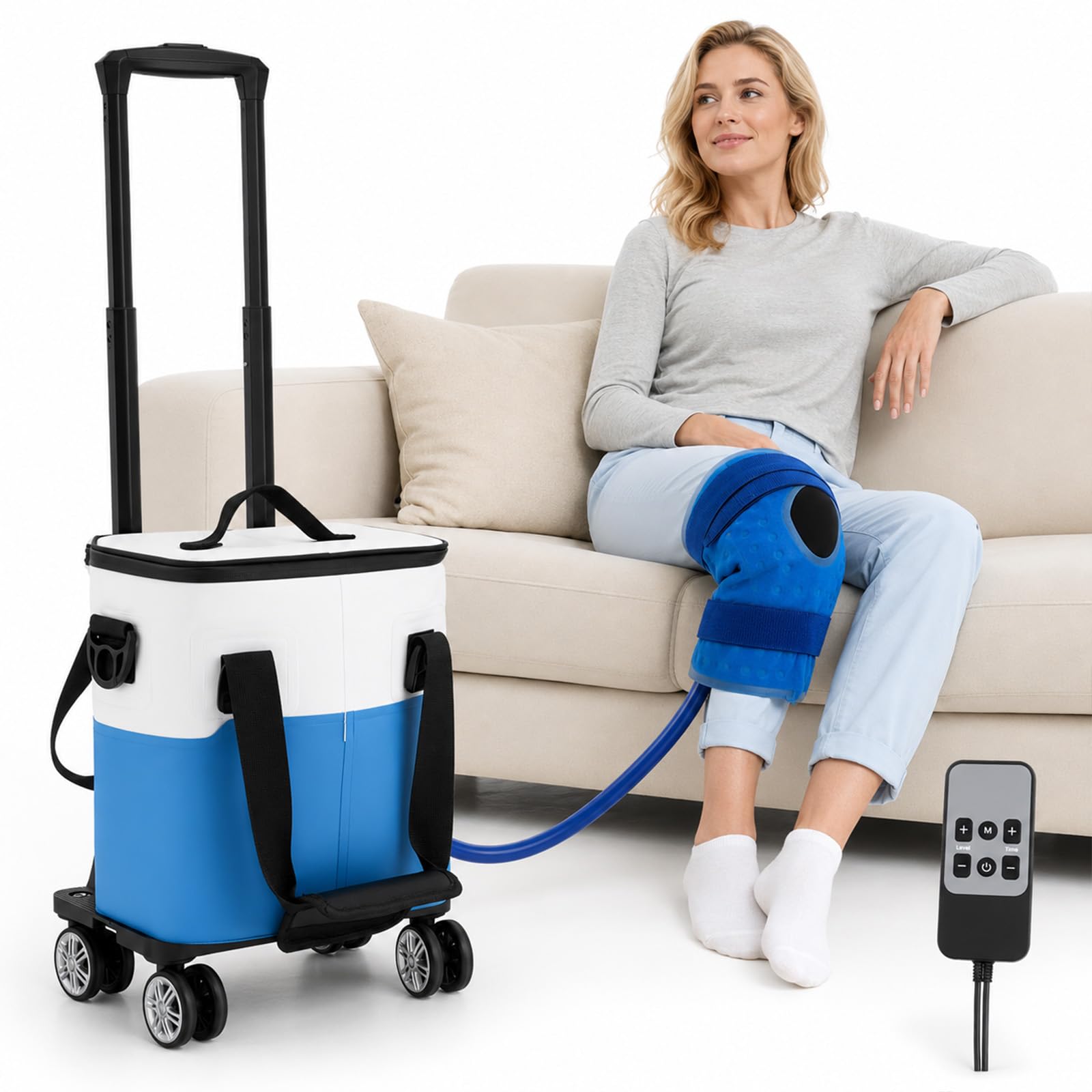 Kältetherapie Maschine 19L/20QT Eismaschine, Kühlmanschette Kniemit Verstellbarer Teleskopstange & Rollen, 5-Stufen Durchfluss & 2 Timer-Modi, für Post-OP Schmerzlinderung, Schulter Rücken