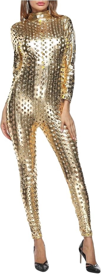 Legou Womens Hollow Metallic Skinny Stretch Jumpsuit Catsuit