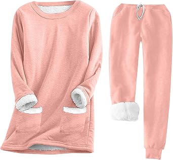 Lounge Sets For Women 2 Piece Long Sleeve Loungewear Set Fleece Lined Sweatshirts & Sweatpant Soft Pajamas Sleepwear