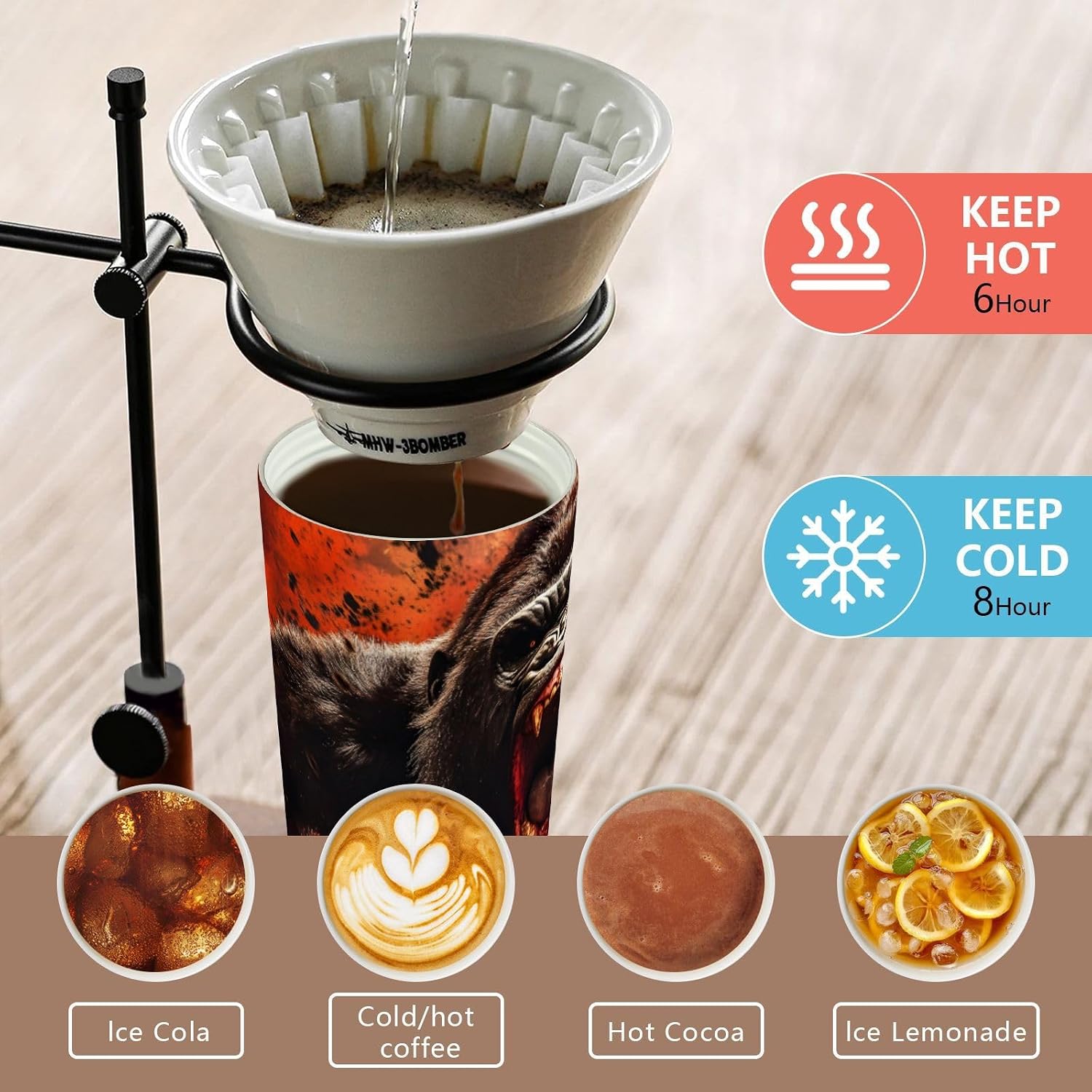 Gorilla Howling Red Insulated Coffee Mug with Straw & Flip Lid, 16.9oz Iced Tumbler Cup, Double Wall Vacuum Mug for Travel Office