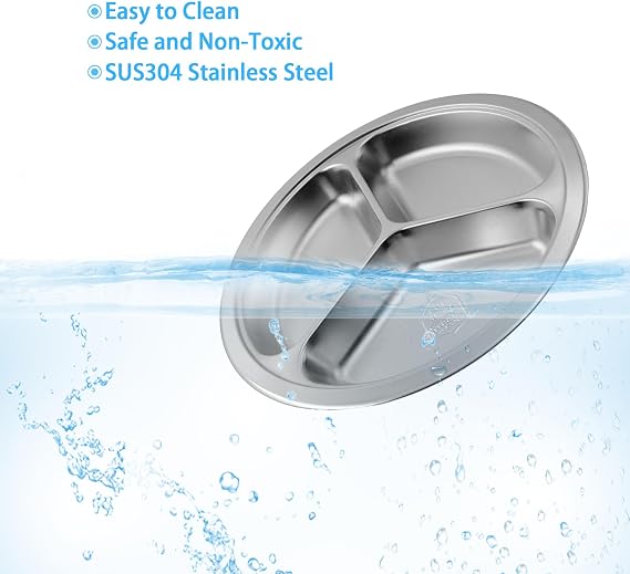 Round Divided Plate,304 Stainless Steel Plates, Round Dinner Plates,Divided Plates Tray for Adults,Kids,Picky Eaters, Campers,Portion Control,Outdoor Hiking Picnic BBQ Beach