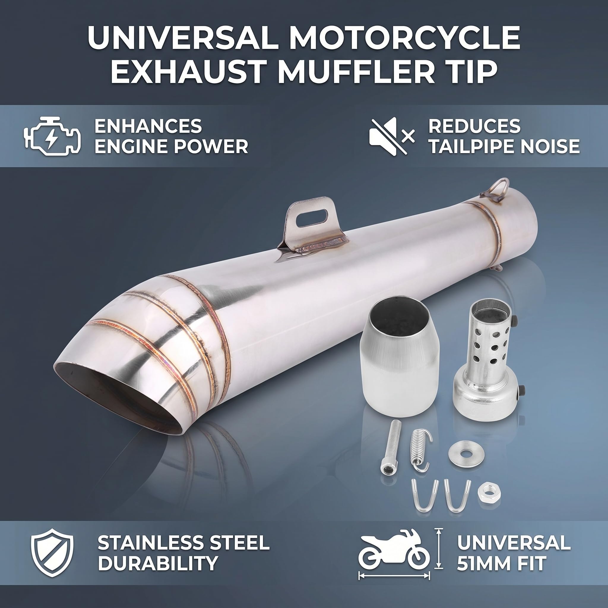 Universal-Auspuffendrohr aus Edelstahl für Motorräder Motorendrohrspitze mit Schalldämpfer Für die Meisten Motorräder/Dirtbikes/Roller mit Modellen mit 51 Mm Durchmesser.