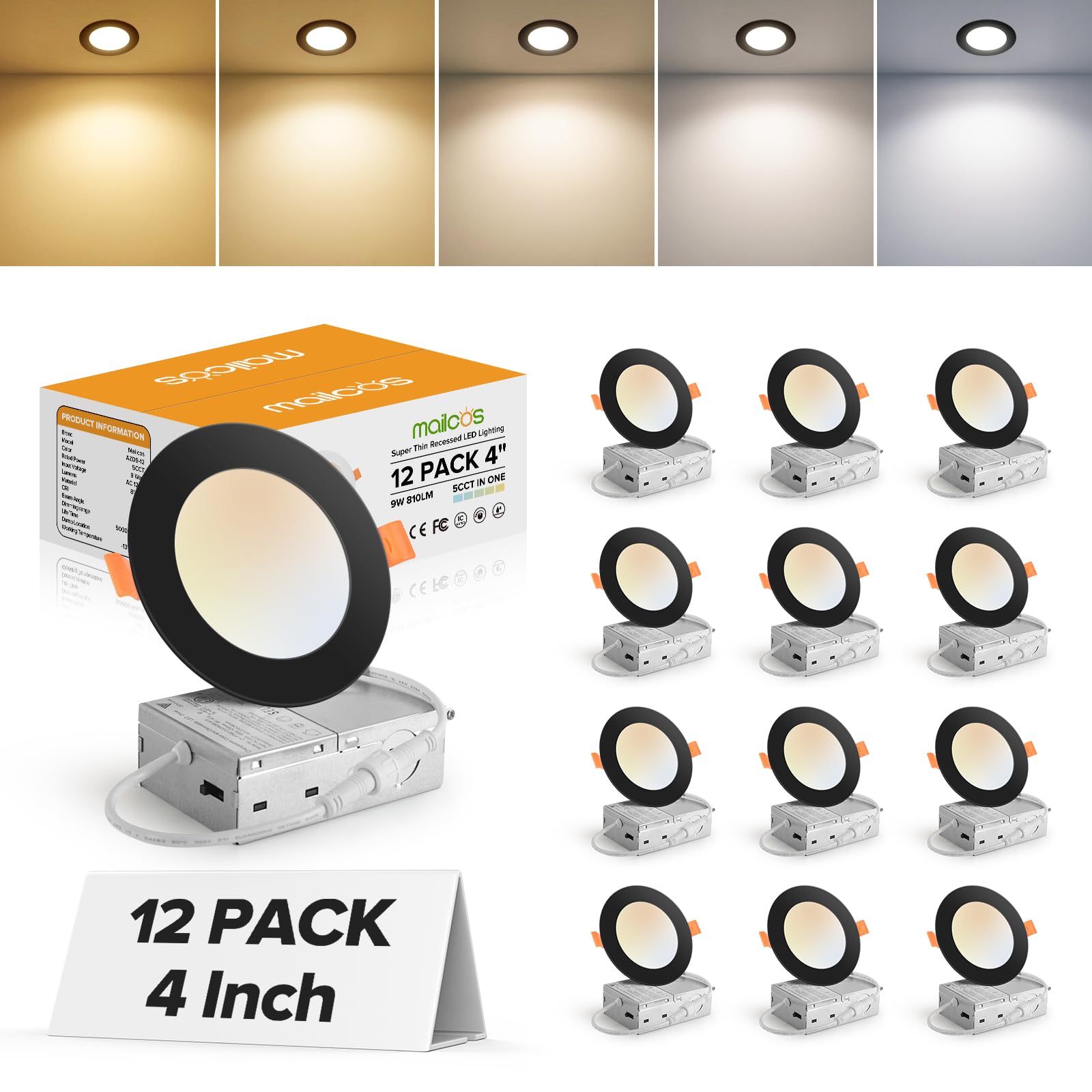 MAILCOS 4Inch 5CCT Black LED Recessed Slim Pot Light with Junction Box, 2700K/3000K/3500K/4000K/5000K Color Changeable Dimmable IC Rated Ceiling Lighting 9W 810LM High Brightness (12 Pack)