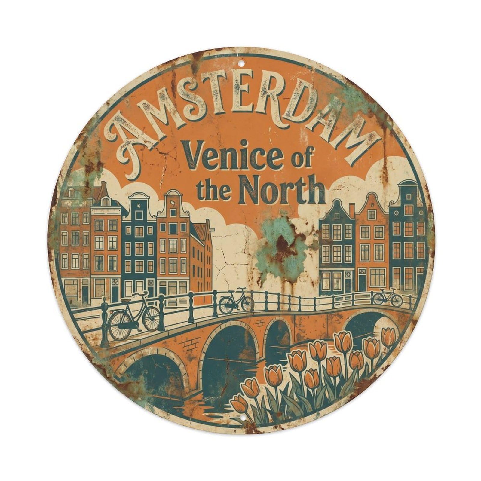 Vintage Travel Amsterdam Canal Houses 2 Metal Tin Sign Plaque