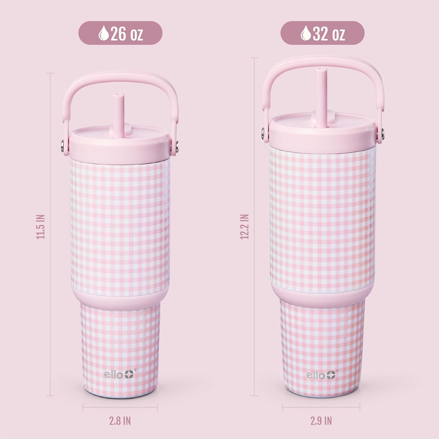Ello Oasis Go+ 26oz Tumbler with Top Handle and Retracting Straw | Reusable Insulated Stainless Steel Cup, 100% Leakproof Water Bottle, 24 Hours Cold, Cup Holder Friendly For Travel | Pink Gingham