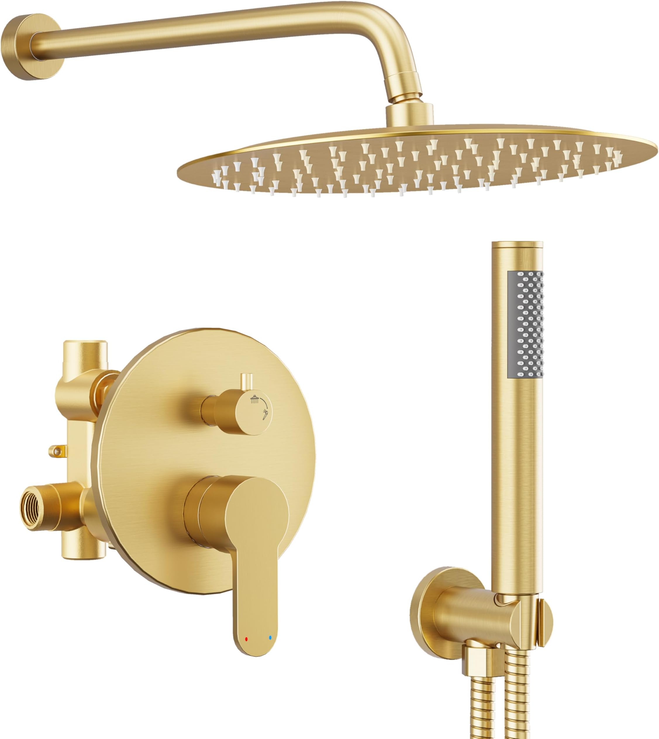 Brushed Gold Shower System, Shower Faucet Set with high pressure 10 Inch Rain Showerhead and Handheld Spray, Wall Mounted Showerhead Combo Set Included Rough-In Valve and Trim