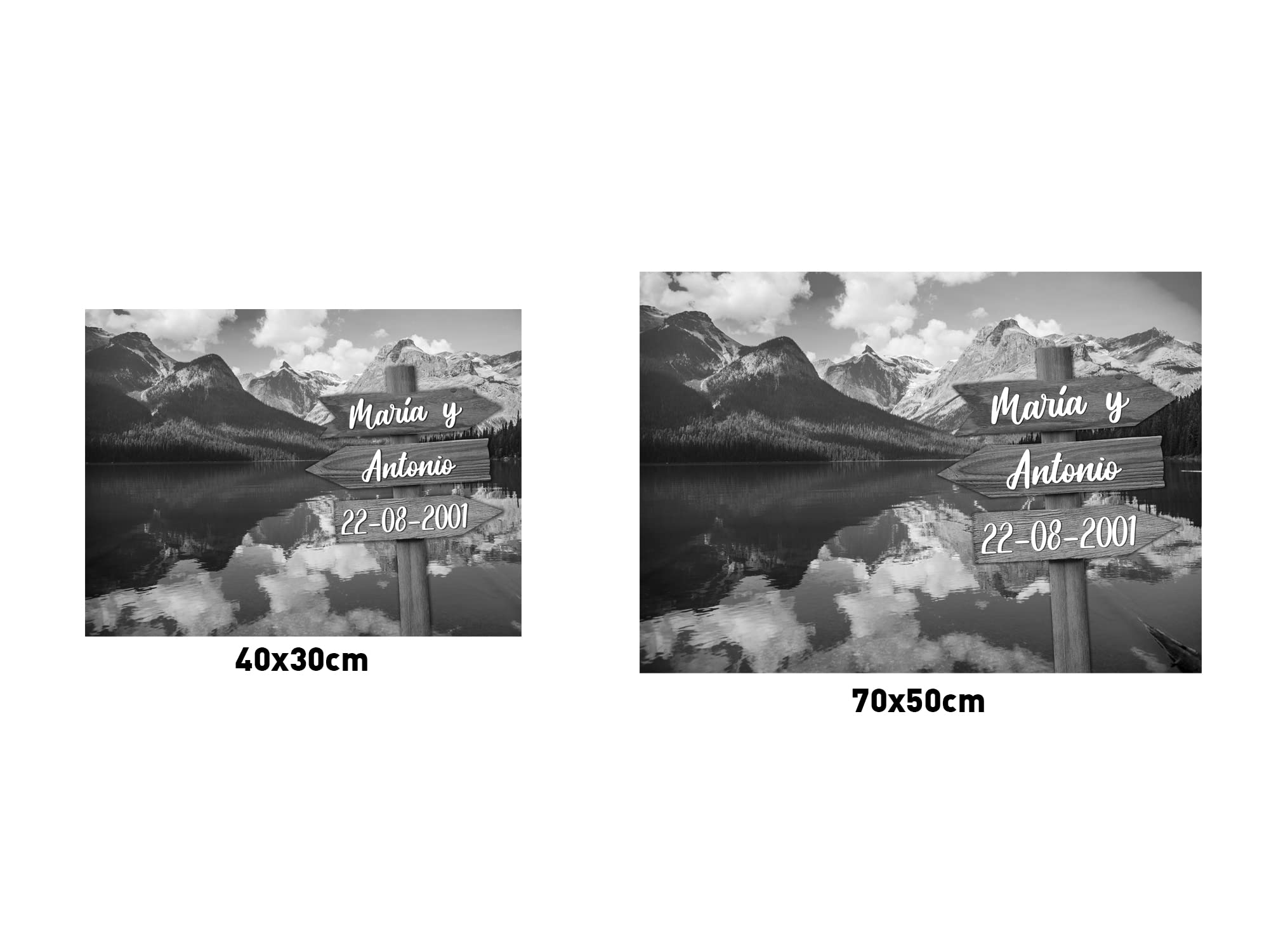 Oedim Cuadro Paisaje Montaña con Nombres Personalizado Blanco y Negro, Diseño con 3 Flechas, Fabricado en Madera, 40x30cm, Cuadro Original, Resistente y Económico