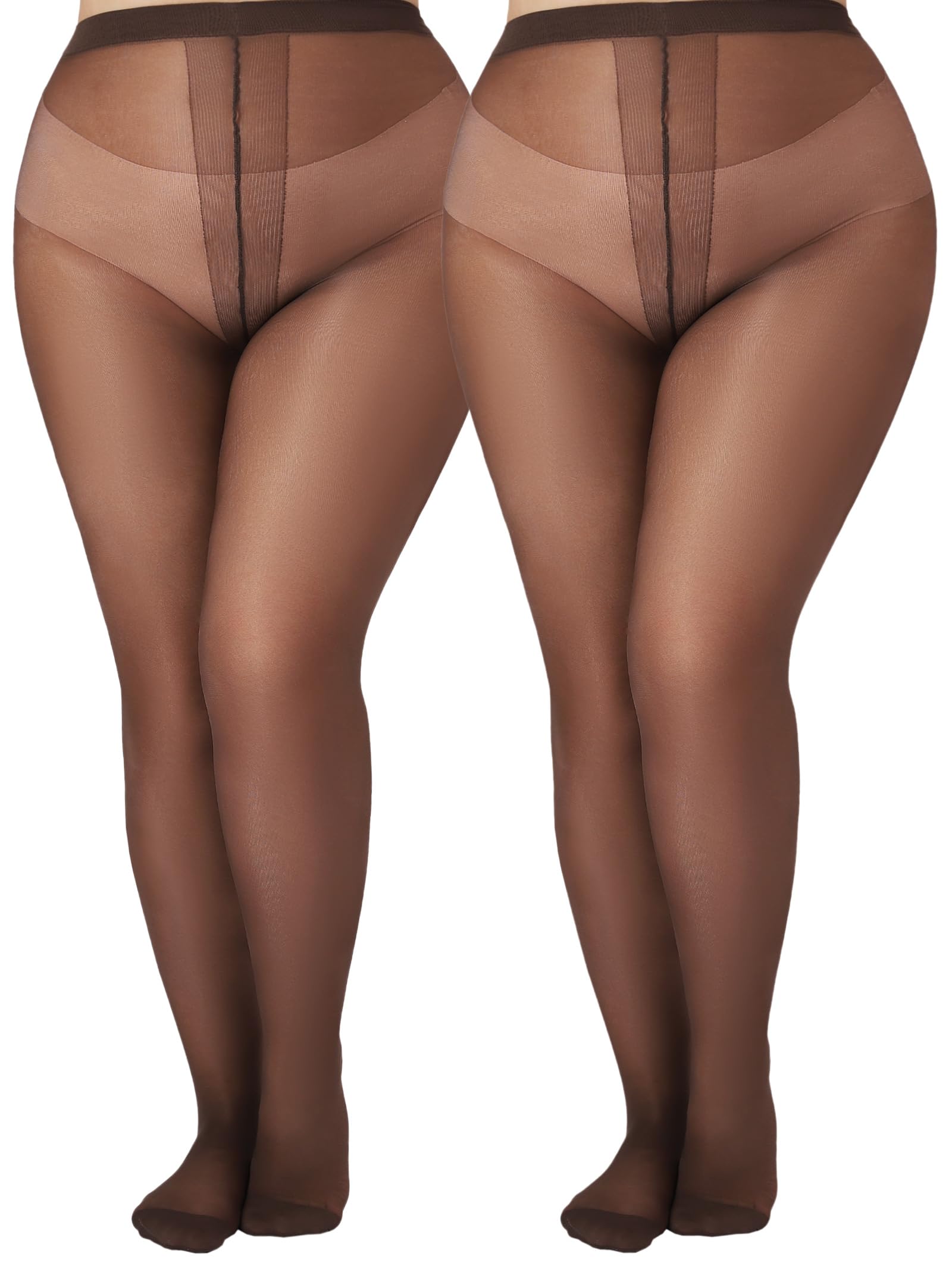 VivaCurve Plus Size Sheer Black Tights for Women T-Crotch 20D Ultra Thin Pantyhose High Waist Stockings 2 Pairs