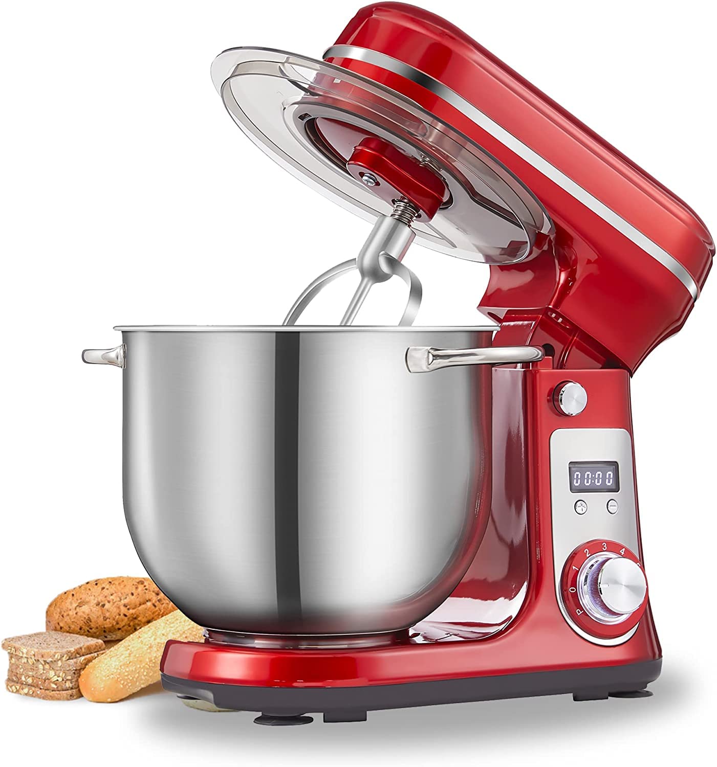 Biolomix Stand Mixer, Super Quiet 6L Kitchen Electric Stand Mixer, 6- Speed Dough Kneader Cake Bread Mixer with LCD Display Timer with Dough Hook, Beater, Whisk-Red