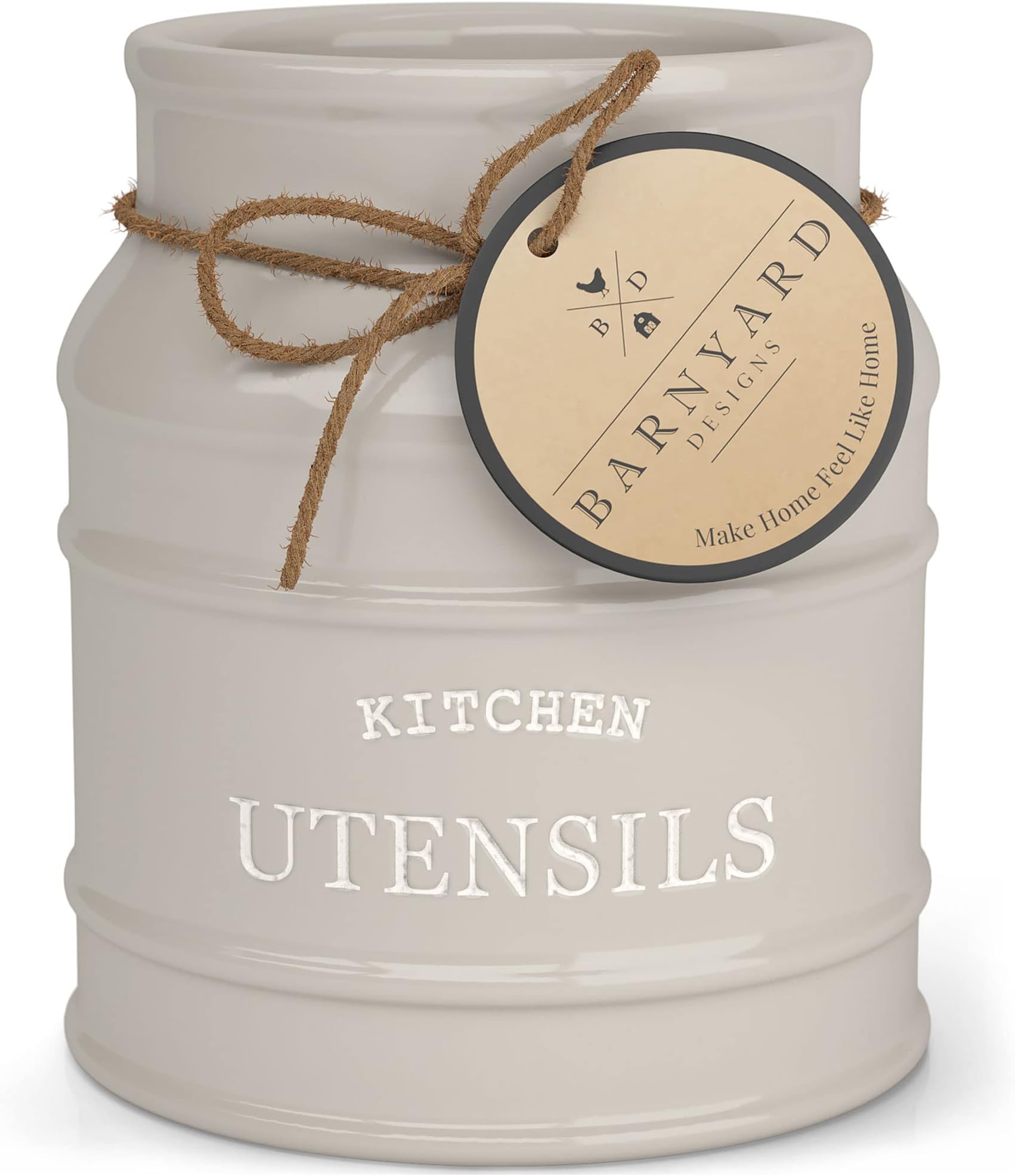 Barnyard Designs Ceramic Utensil Crock Holder for Kitchen Counter, Rustic Farmhouse Countertop Decor, French Country Organizer for Cooking Utensils, Spatulas and Mixing Spoons, Taupe, 6ââ‚¬Â x 6.75"