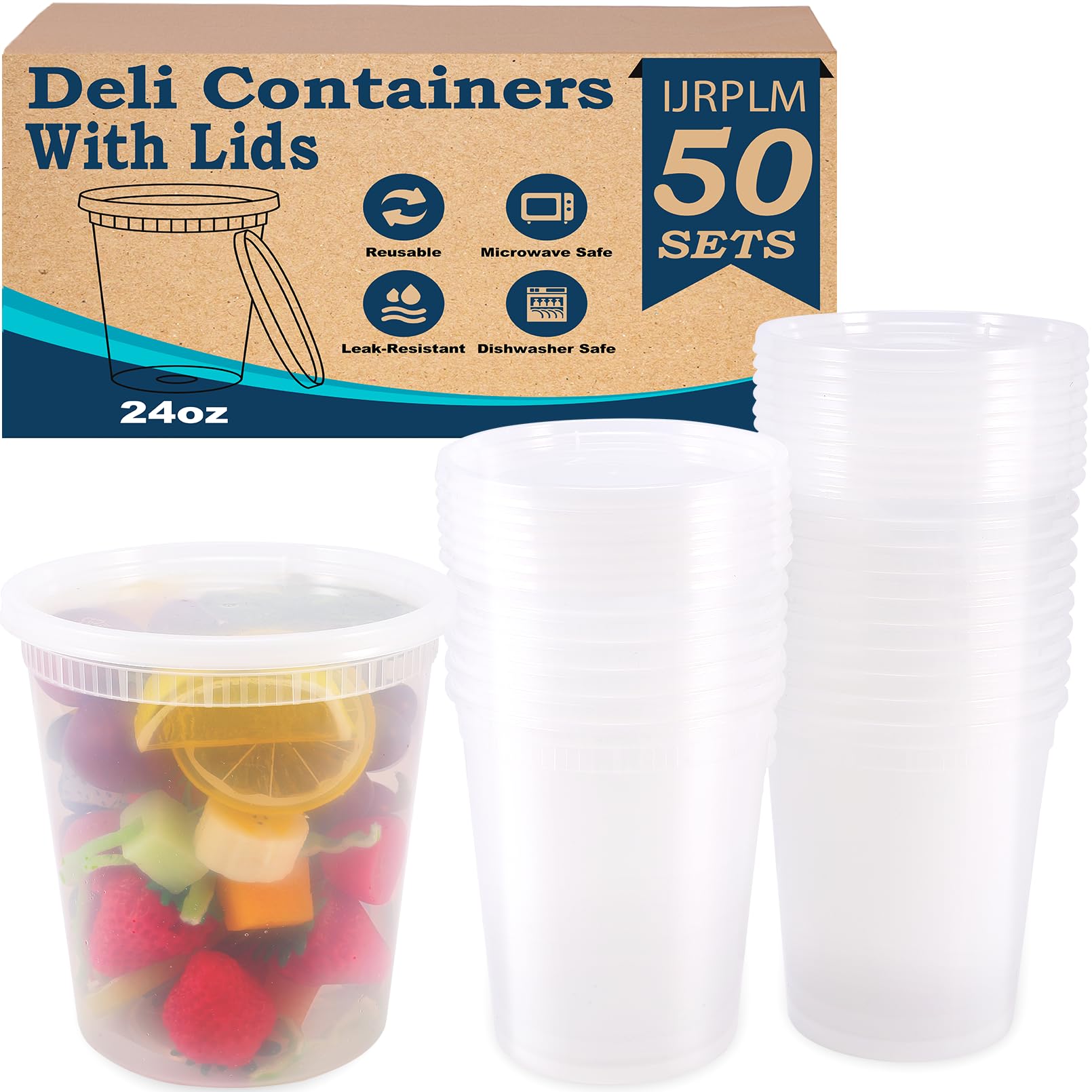 IJRPLM 50 Pack Deli Containers with Lids,24oz Plastic Deli Food Storage Containers, Leakproof Clear Takeout Container With Airtight Lids, BPA-Free, Microwave Dishwasher Freezer Safe,Heavy-Duty Quality