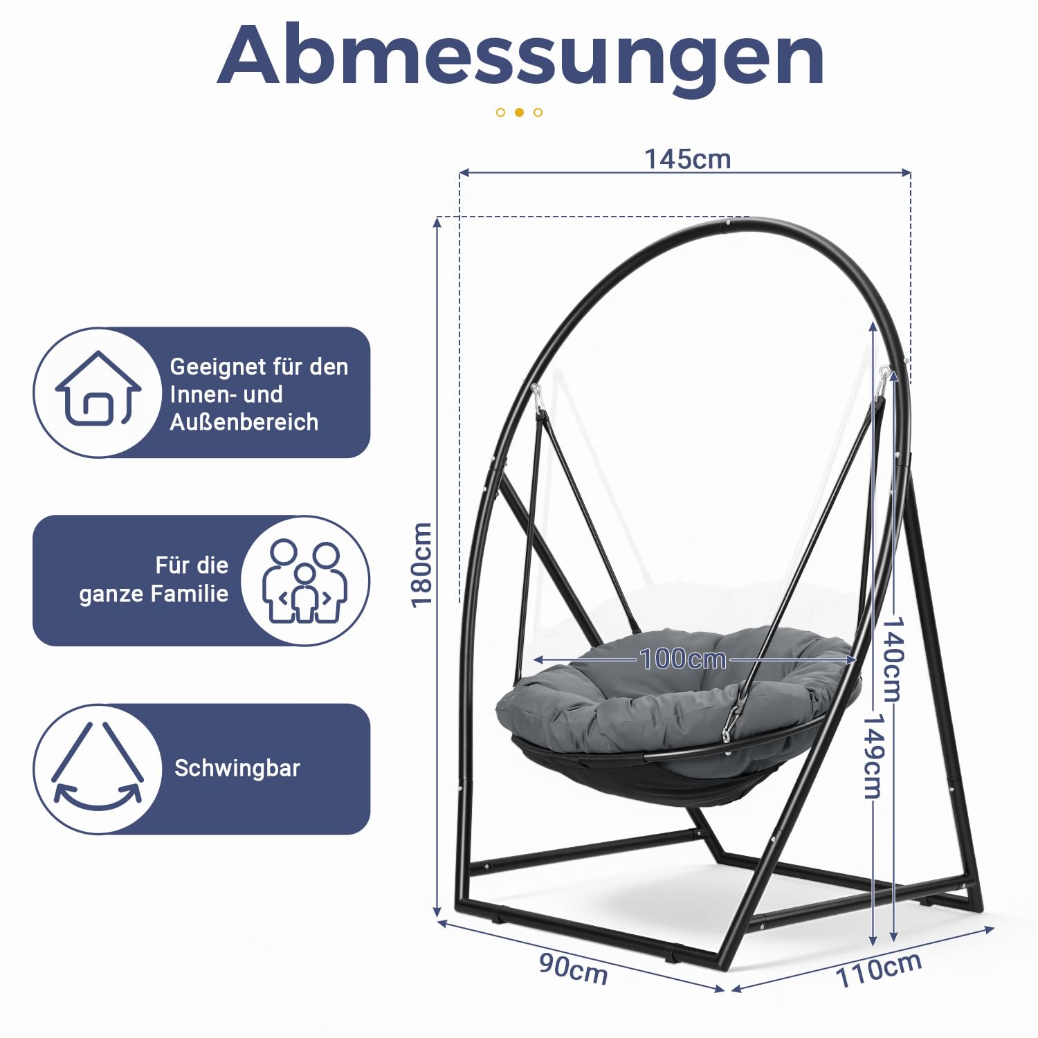 Hängesessel mit Gestell, Runder Hängesitz für Indoor und Outdoor, mit Großem Sitzkissen 100cm, Höhenverstellbar, bis 150kg Belastbar, Schwarz