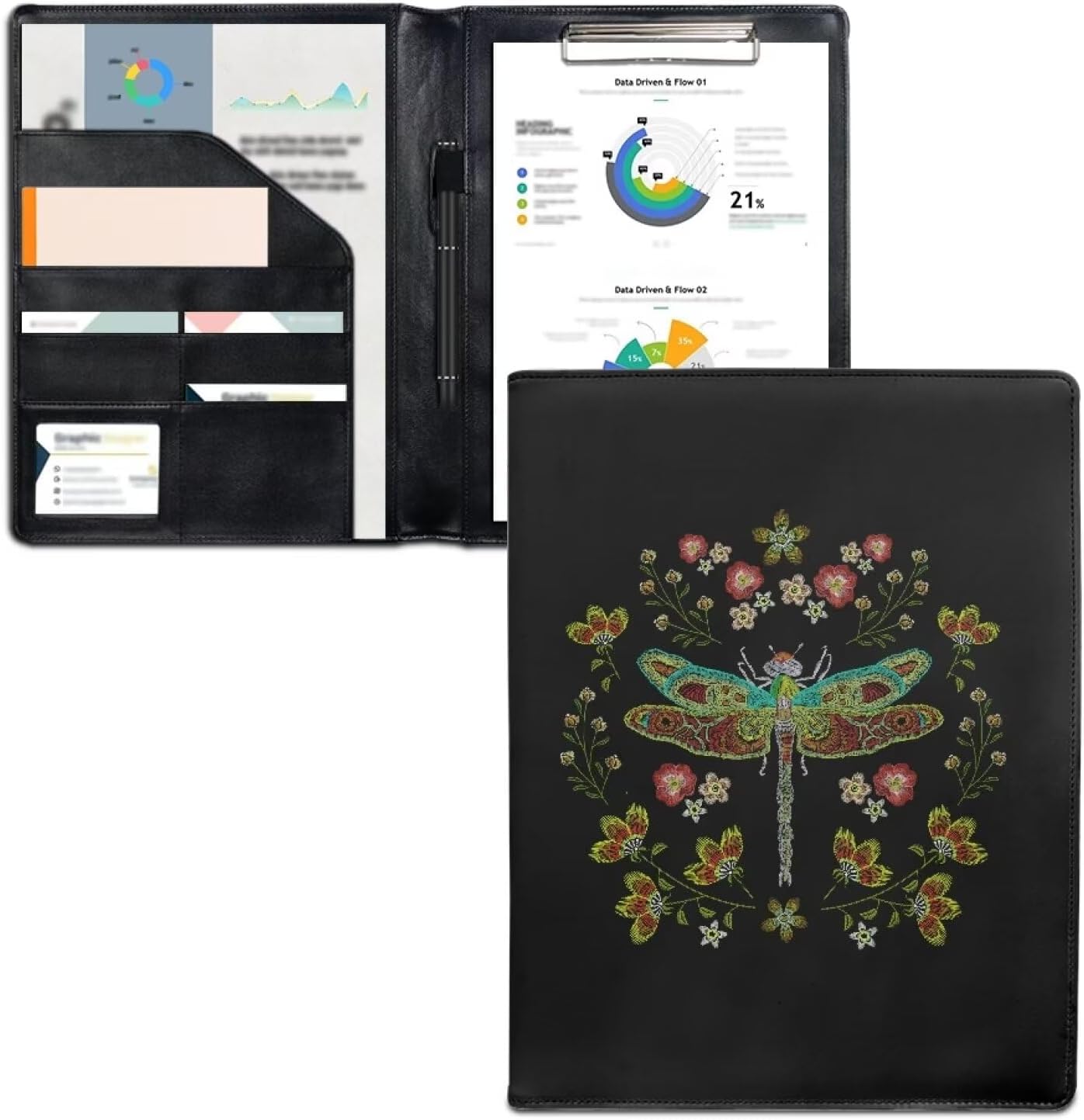 COEQINE Leather Office Folder Organization,Black Stain Resistant Padfolios with Dragonfly Floral Resume Storage for Women Men