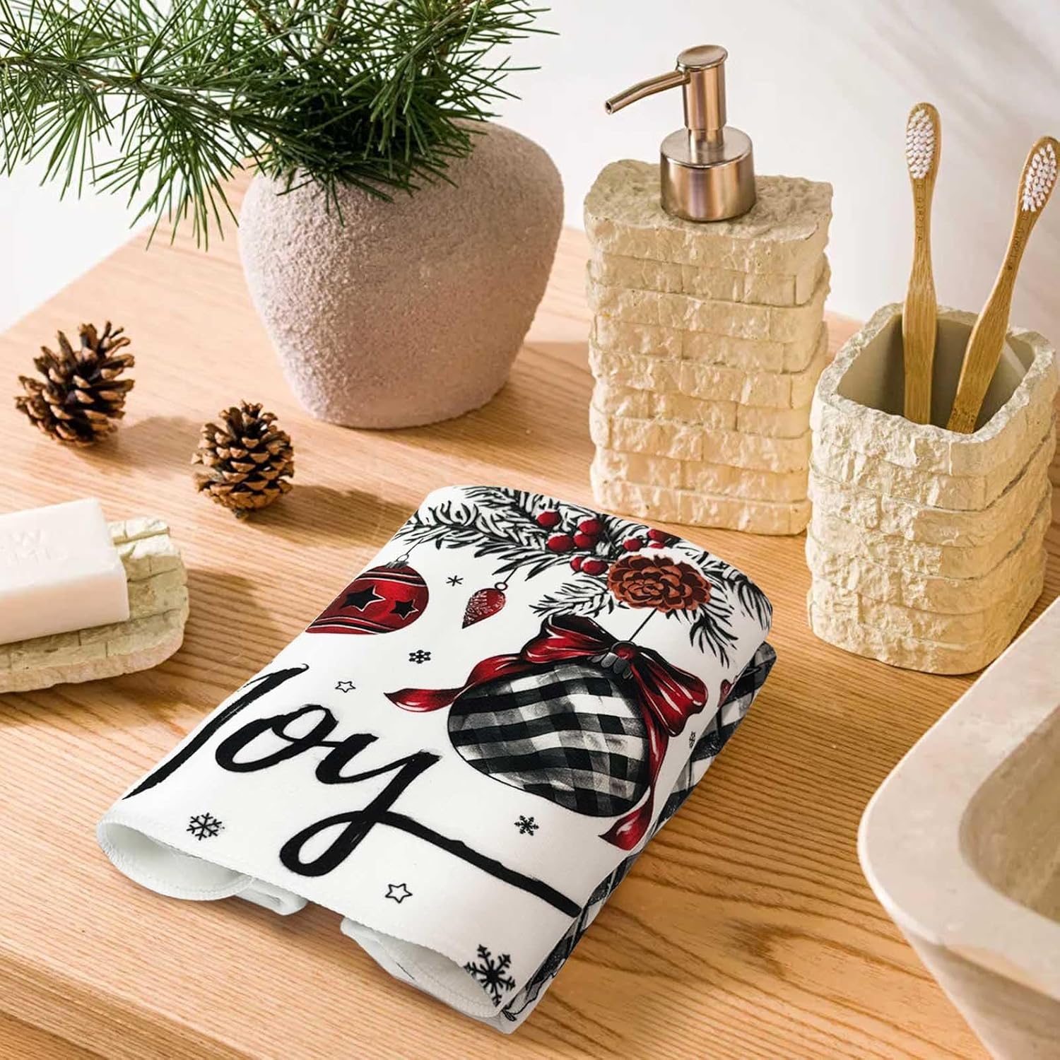 Christmas Hand Towels Set 2 PCS, Vintage Joy Balls Christmas Tree Towel, Xmas Bathroom Decorative Soft Absorbent Hand Towels for Bathroom Home Hotel Gym Spa Yoga Beach 17"x26" - Image 5