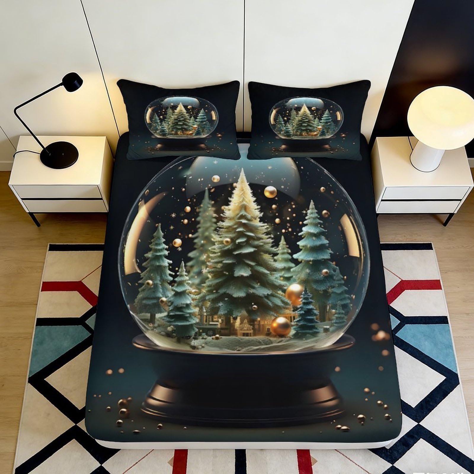 3D Printed Christmas Tree Snow Globe Fitted Sheet Microfiber Soft Breathable Winter Scene Bed Cover for Bedroom Guest Room Dormitory Mattress Protection 90x200x25cm