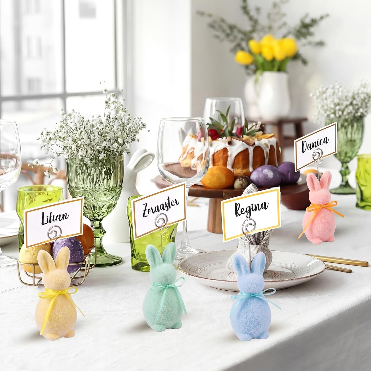 Qunclay 12 Pcs Easter Flocked Bunny Place Card Holder, with 24 Gold Foil White Card, Bow-tied Bunny, Spring Colorful Easter Table Decoration, Photo Menu Memo Number Holder Stand for Home Office Party image 4