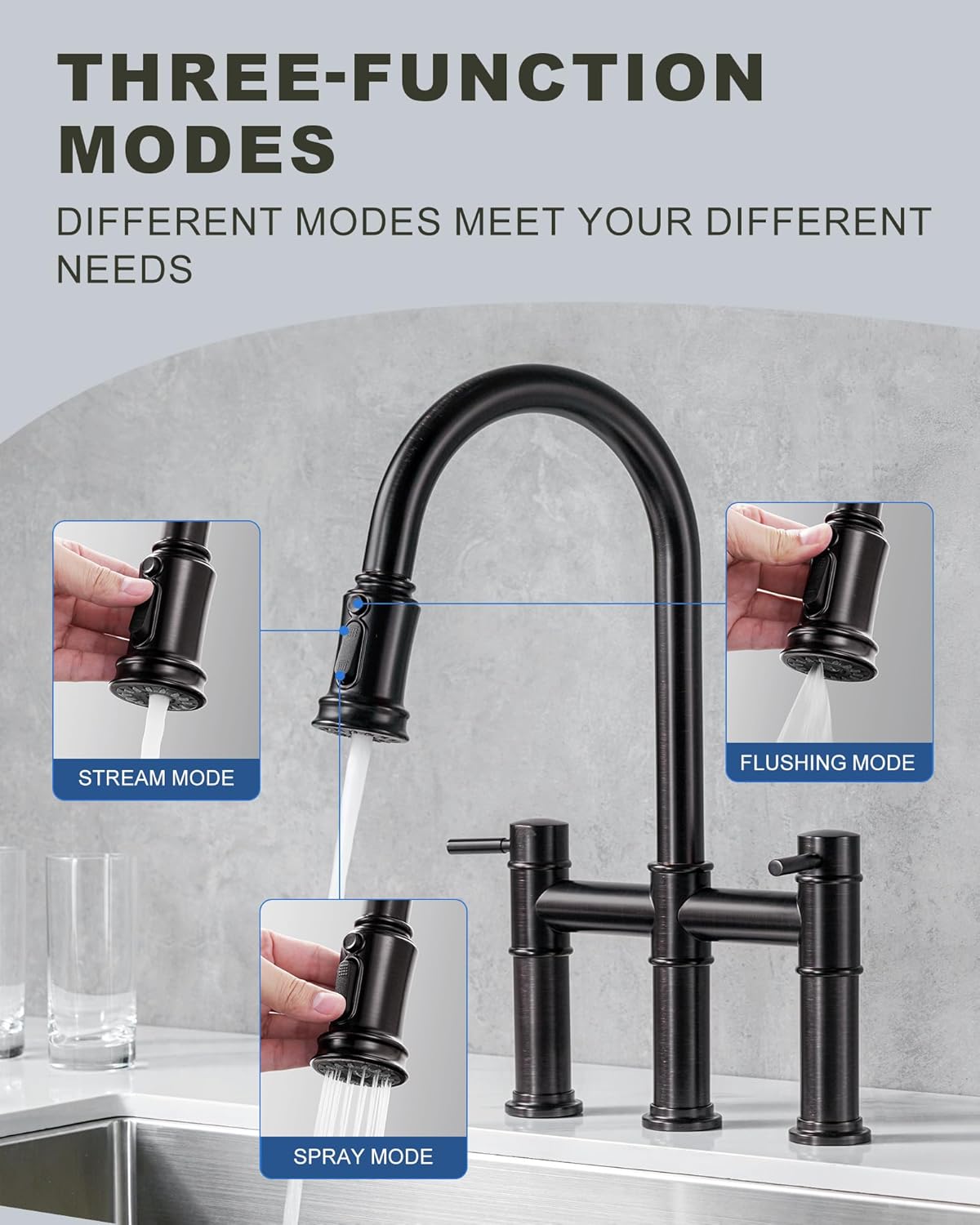 Bridge Faucet for Kitchen Sink: iVIGA Oil Rubbed Bronze Farmhouse 3 Hole Kitchen Faucet with Pull Down Sprayer - 2 Handle High Arc Brass Faucet with 360° Swivel, with Supply Lines