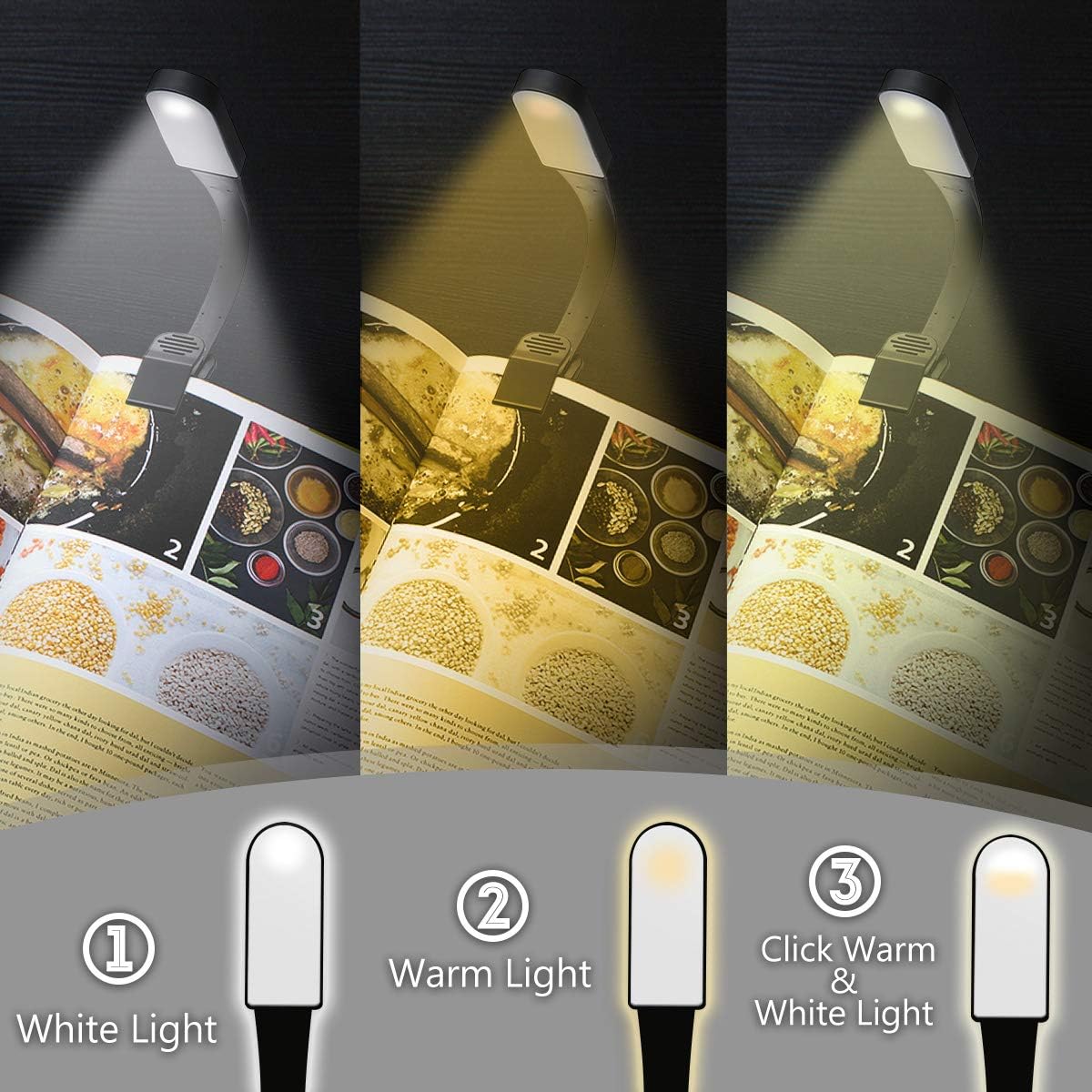 GLIME Book Light USB Rechargeable 3 Modes Stepless Dimming Flexible Clip Light for Reading in Bed at Night with Magnet Portable Eye Protection Reading Light for Camping Travel Train Book Laptop Tablet