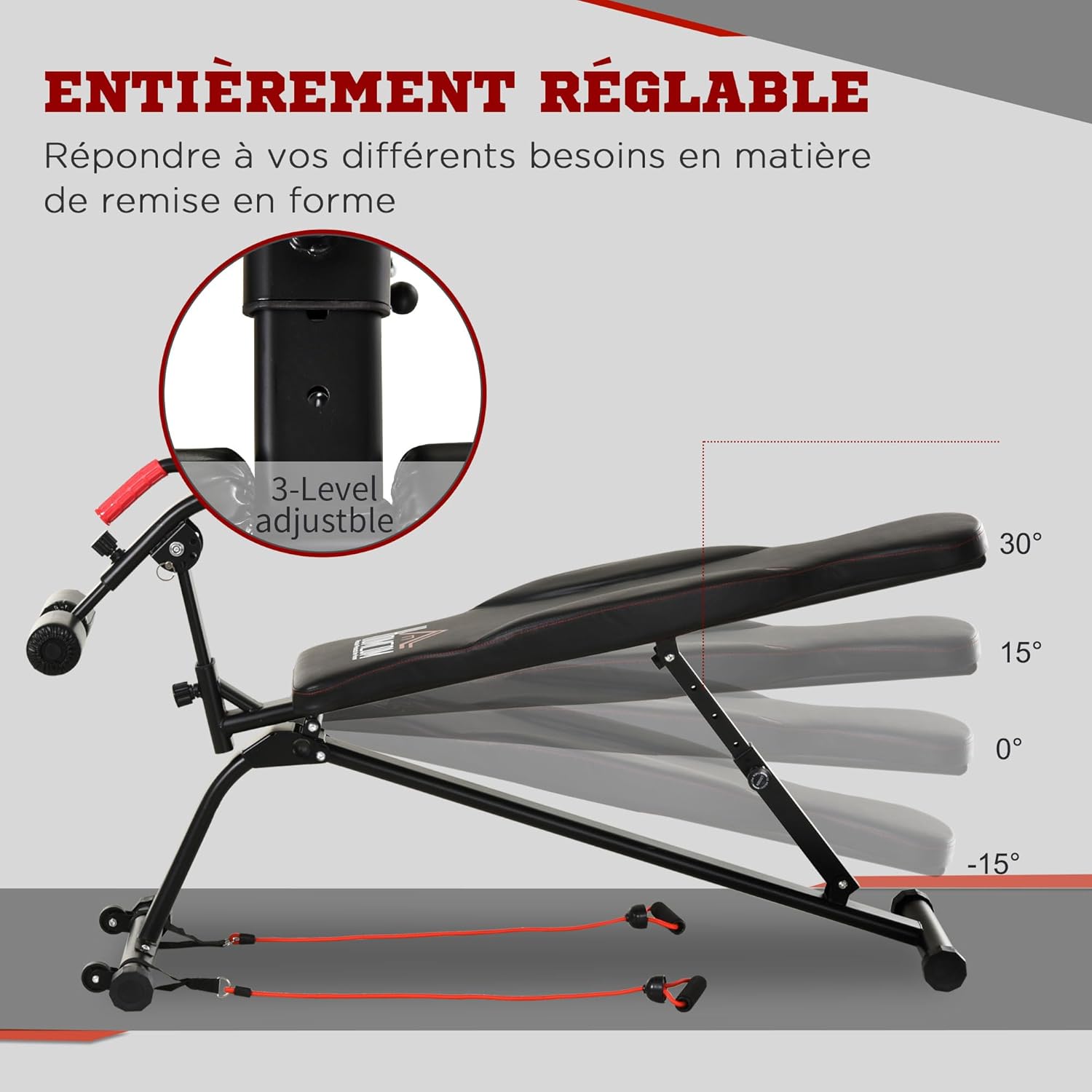 Image illustrating the four adjustable backrest angles of the HOMCOM weight bench: -15, 0, 15, and 30 degrees.