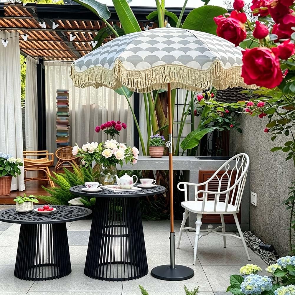 Parasol Plażowy w Boho 200 cm z Frędzlami, Przenośny Parasol Ogrodowy z Regulowanym Drewnianym Trzonkiem na Basen, Podwórko, Taras