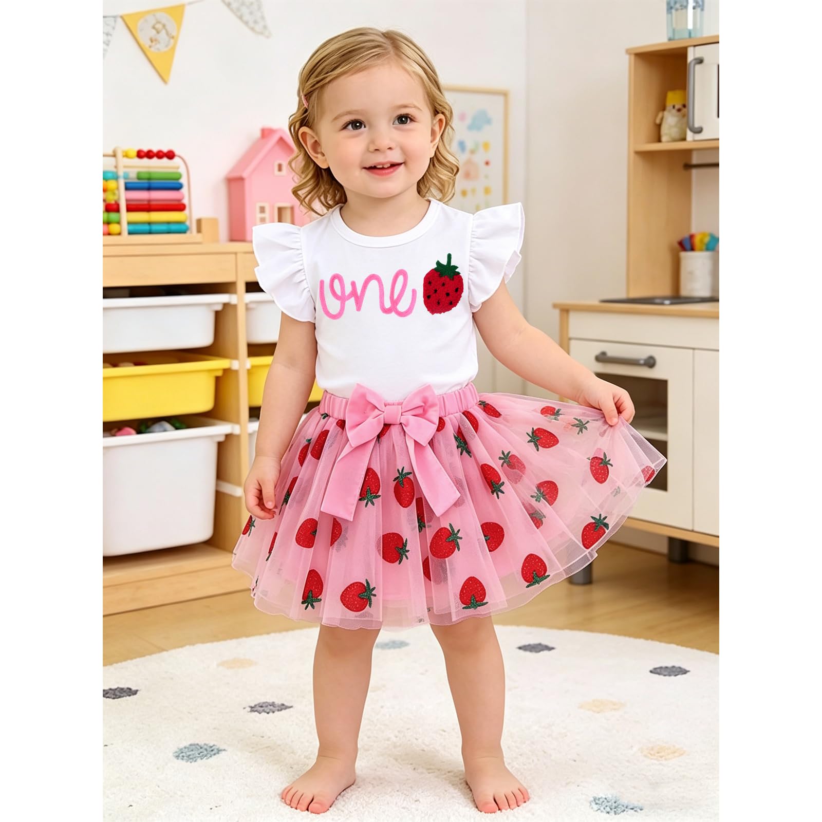 CM C&M WODRO Neugeborenes Baby Mädchen Outfit Ersten Geburtstag Rock Set Geraffte Ärmel T-Shirt und Tütü Tüllrock 1.Geburtstags Bekleidungssets Sommer 2-teiliges Kleidung ONE Shirt+Netzrock - 3