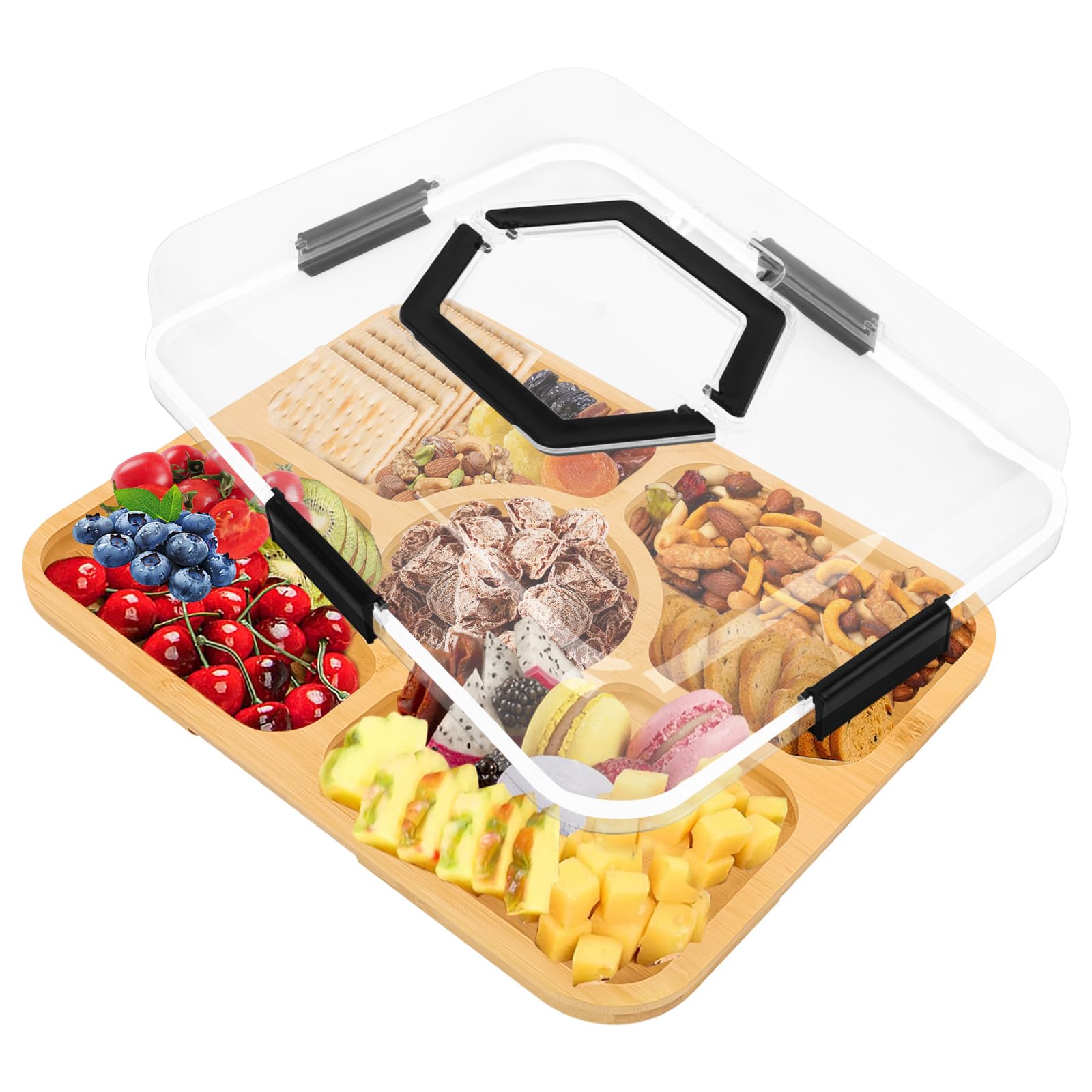Tagliere per salumi con coperchio trasparente e manico,Vassoio da Portata in Bambù,Vassoio Aperitivi Con Coperchio e 5 Slot,Contenitori per Frutta, Snack, Dolci, Verdure, Noci, Picnic