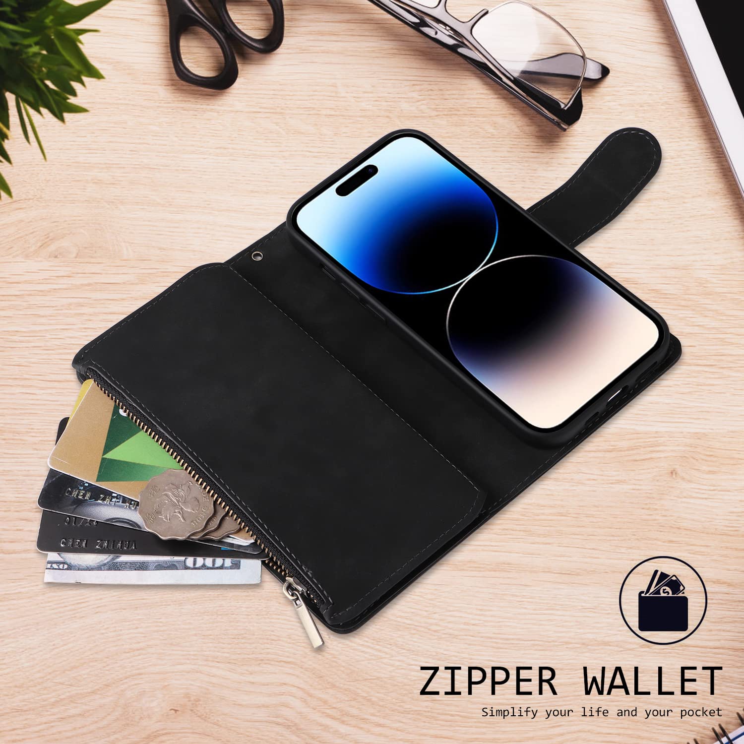 QLTYPRI Case For IPhone 14 Pro, Large Capacity Leather Wallet Case 6 Card Holder & 1 Zipper Pocket Kickstand Wrist Strap Magnetic Case For IPhone 14 - View #7
