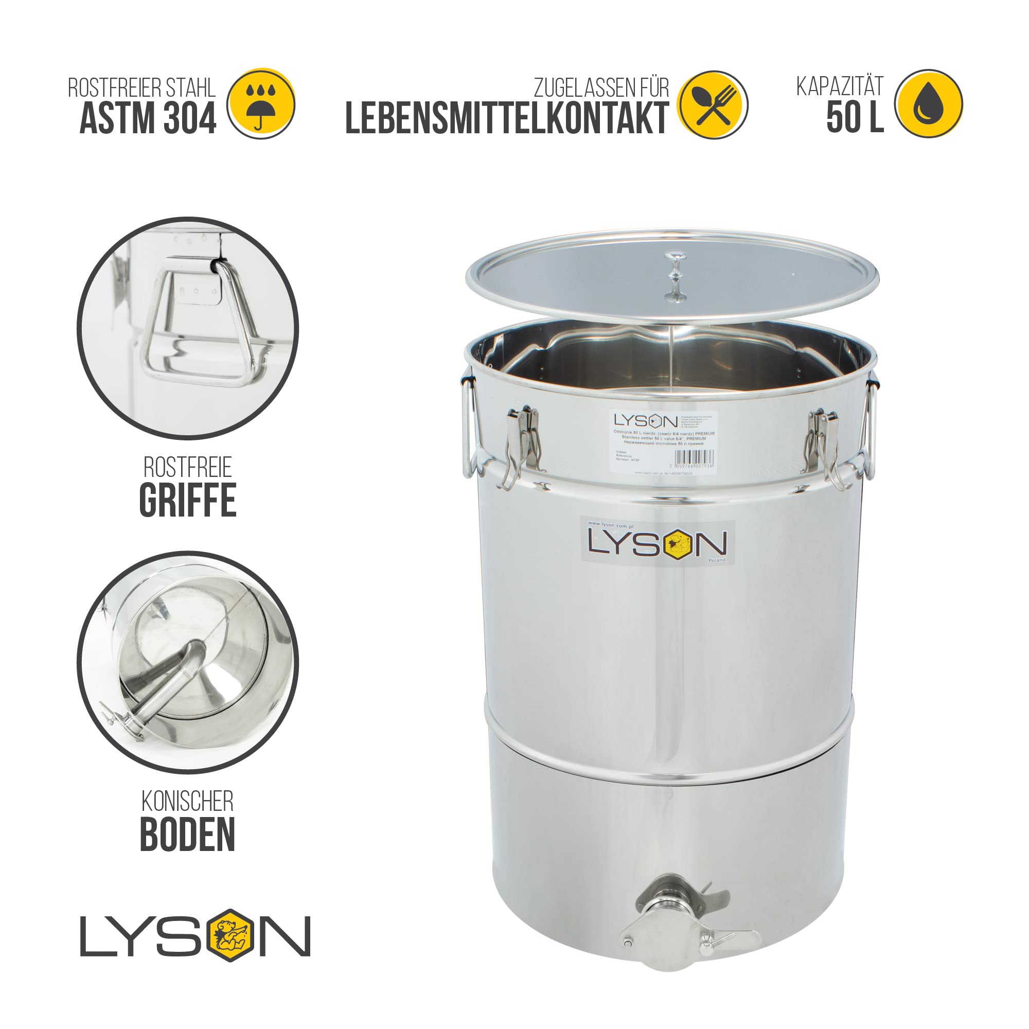 LYSON Honigabfüller Honigeimer Abfüllkübel Abfüllbehälter 50l (ca. 70 kg) für Honig mit konischem Boden Abdeckung Dichtung und Klammern aus Edelstahl TYPE (304)