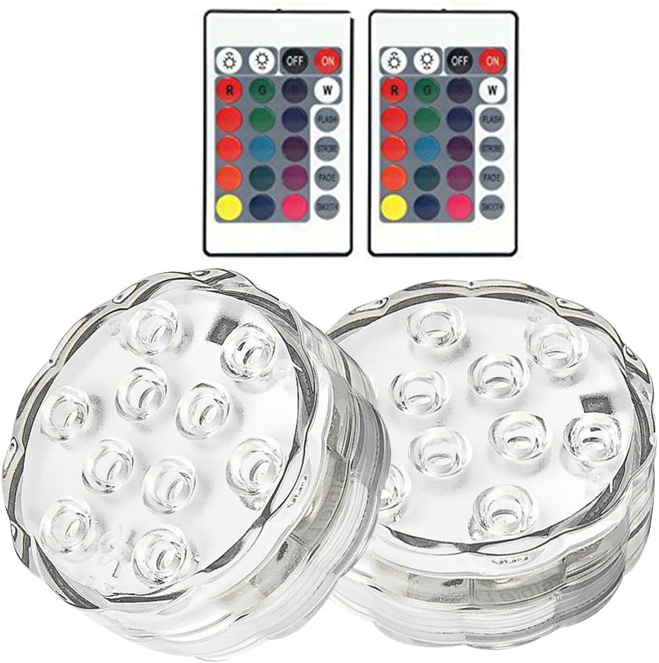 HOTSO Underwater Submersible LED Lights, Waterproof Battery Operated Remote Control Wireless LED Lights for Aquarium Crystal Vase Base Pond Fountain Bowls, 2 Packs