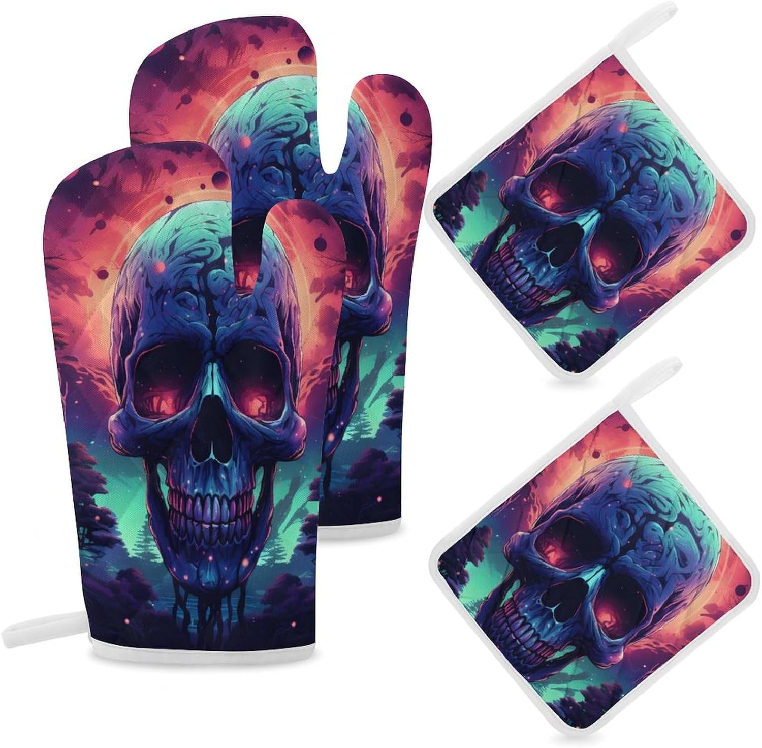 Blacklight Fire Skull 4 Pcs Oven Mitts and Pot Holders Set High Heat Resistant Long Kitchen Oven Glove Potholders