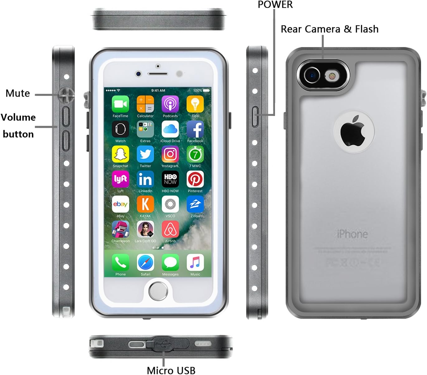 iPhone 7 Waterproof Case with Clear Sound, Eonfine Shockproof Full-sealed Rubber Rugged Cover with Touch ID, Absolutely 100% Water Snow Dust Dirty Proof Case for iPhone 7 4.7 Grey/Transparent