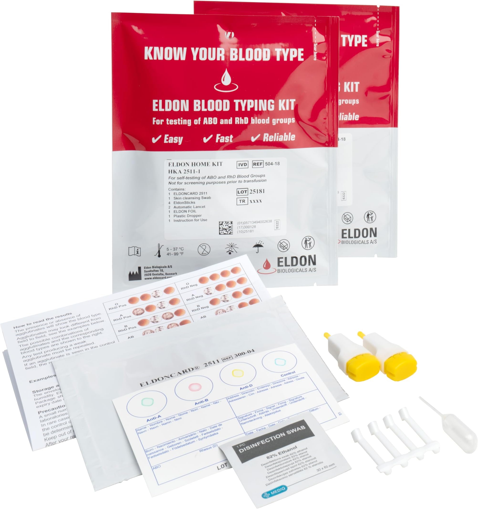 Eldoncard Blood Typing Kit, 2 Test Pack, Know Your Blood Type, Accurate Instant Home Testing, Determine A, O, B, RHS-D Negative & Positive Groups, Home Health Tests, Complete Health Testing Kit