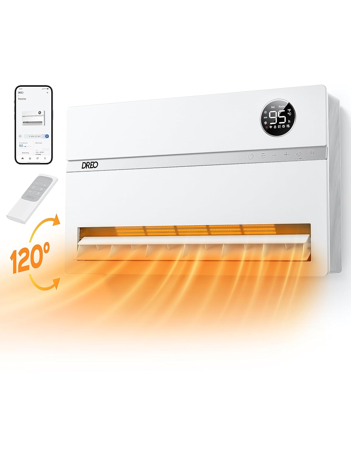 Dreo Smart Wall Heater Electric Space Heater for Bedroom 1500W 120 Vertical Oscillation Adjustable Thermostat Remote Control 24H