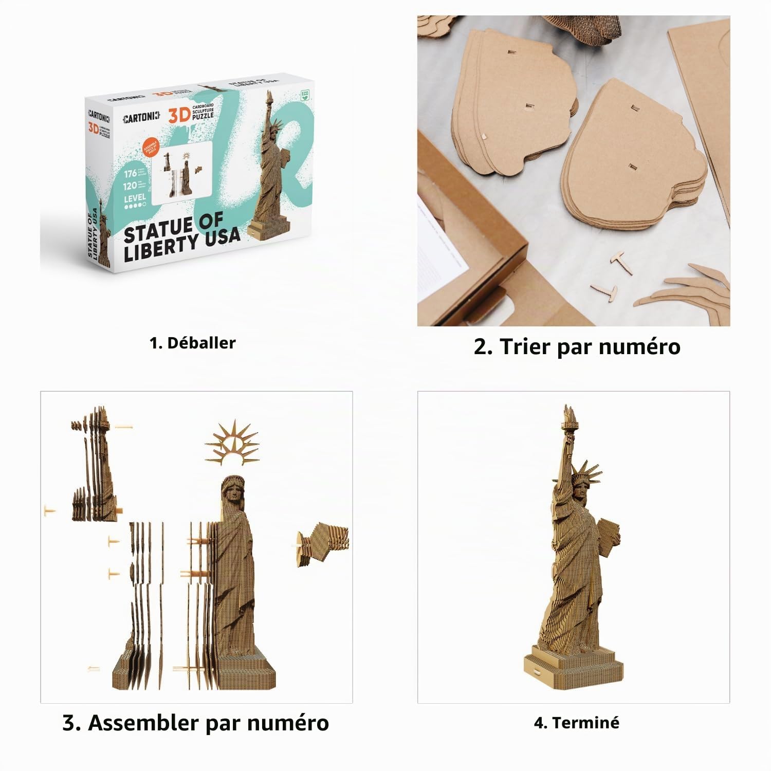CARTONIC Statue de la Liberté Puzzle 3D en Carton – Maquette à Monter | 176 Pièces, 39 × 13 × 11 cm – Kit Sculpture DIY à Peindre, Matériaux Recyclés, Ados & Adultes, Idée Cadeau Déco