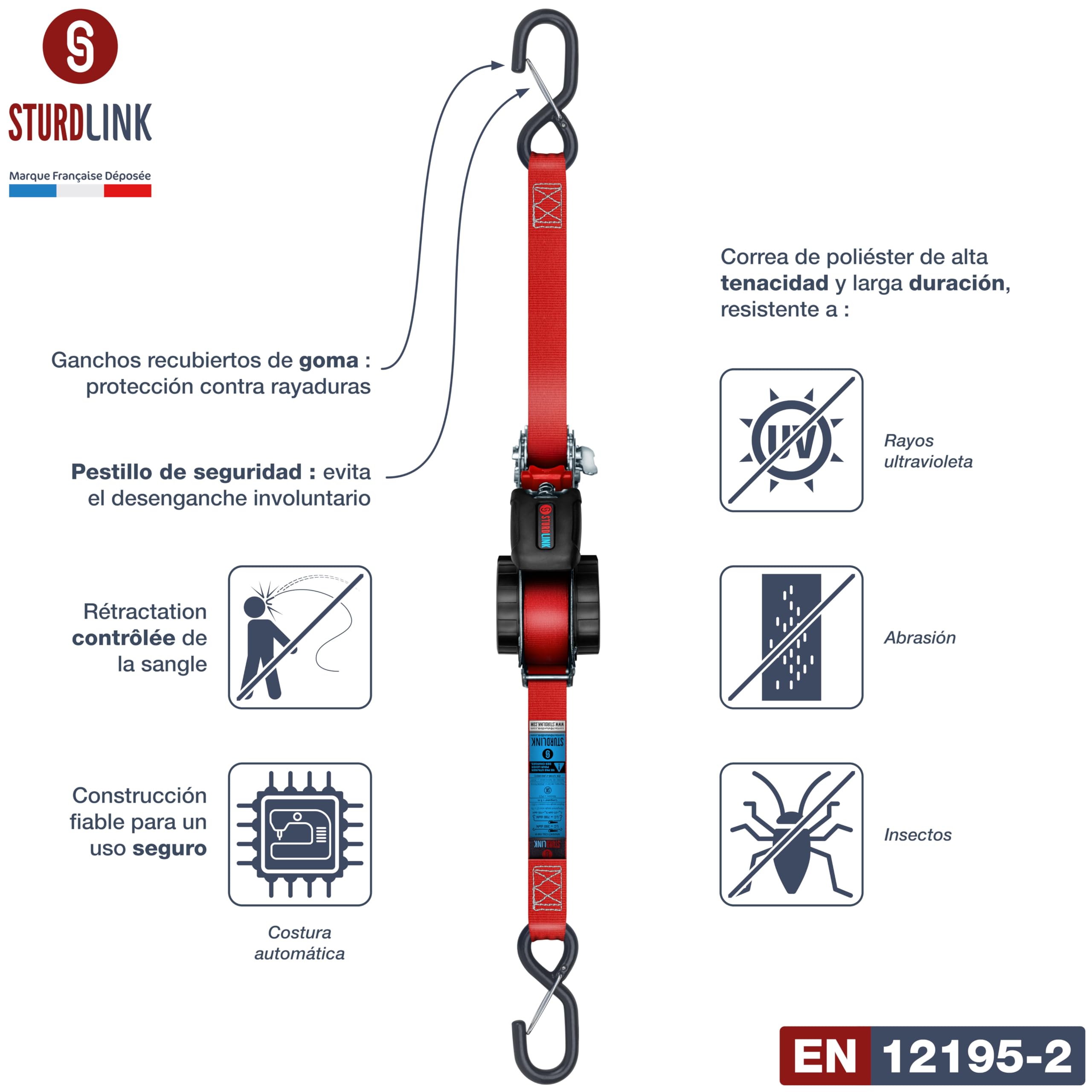 Correas con Trinquete Automático 5m 25mm Ganchos en S con Pasador LC 350kg / 700kg en U | Enrollador de Correa Automático | Fijación en Remolque Porta Moto Quad Auto | Lote de 4 + Bolsa | EN 12195-2
