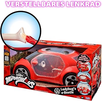 BANDAI Miraculous Ladybug Car - Volkswagen e-Beetle by Ladybug of the Miraculous Film - Doors Boot and Roof for Opening - Doll Not Included - Toy for Children from 4 Years - P50669