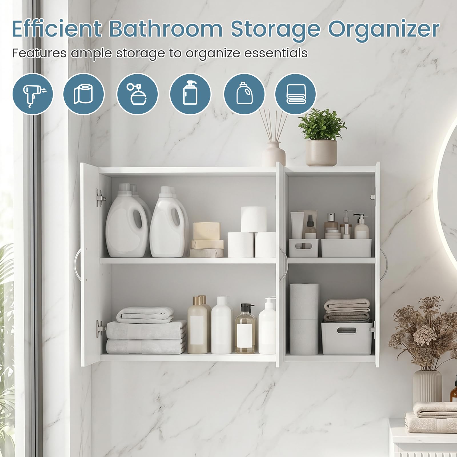 Mueble de baño suspendido 60x30x90 cm Blanco | Estantes ajustables, melamina resistente a la humedad, desmontable, antibalanceo, fácil montaje, baño, cocina, entrada