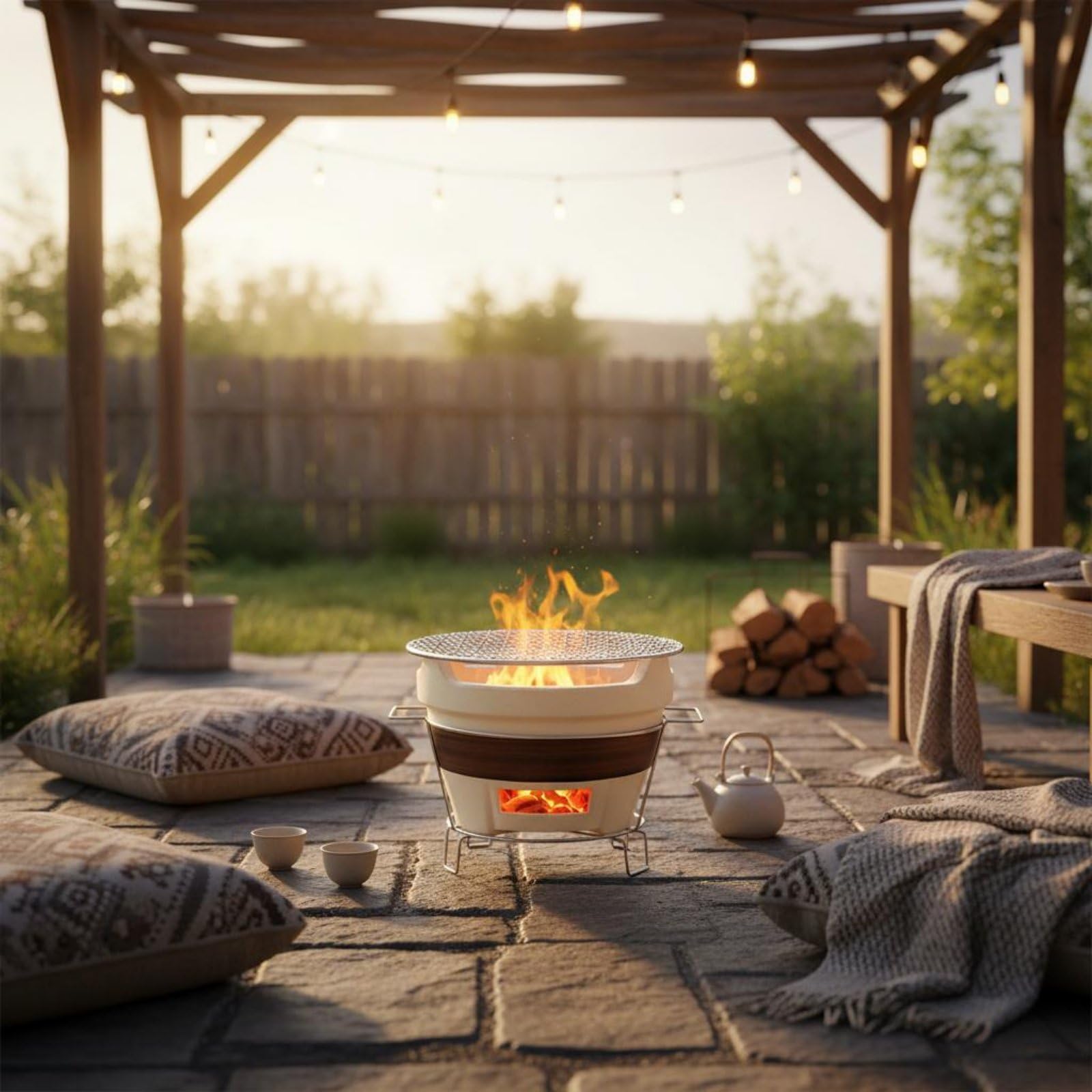 Estufa de Barbacoa Exterior Parrilla de Carbón Brasero de Cerámica Calentador Bebidas con Doble Ventilación y Base Metálica Estable Adecuada para Camping Patio Picnic, Pequeño