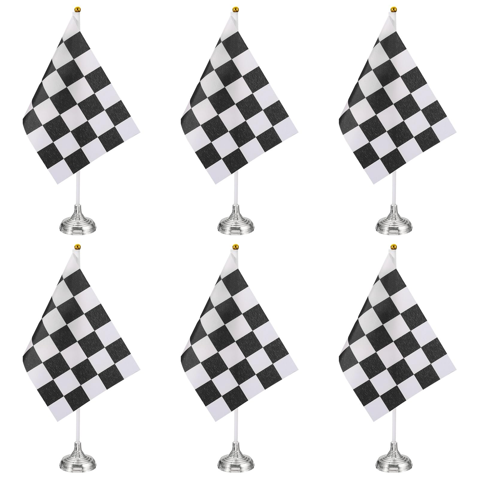 PATIKIL 6Pack Black and White Checkered Table Flag, 12" Small Race Car Racing Office Desk Flag Set with White Plastic Stick and Silver Round Base for Car Soccer Sport Party Decoration