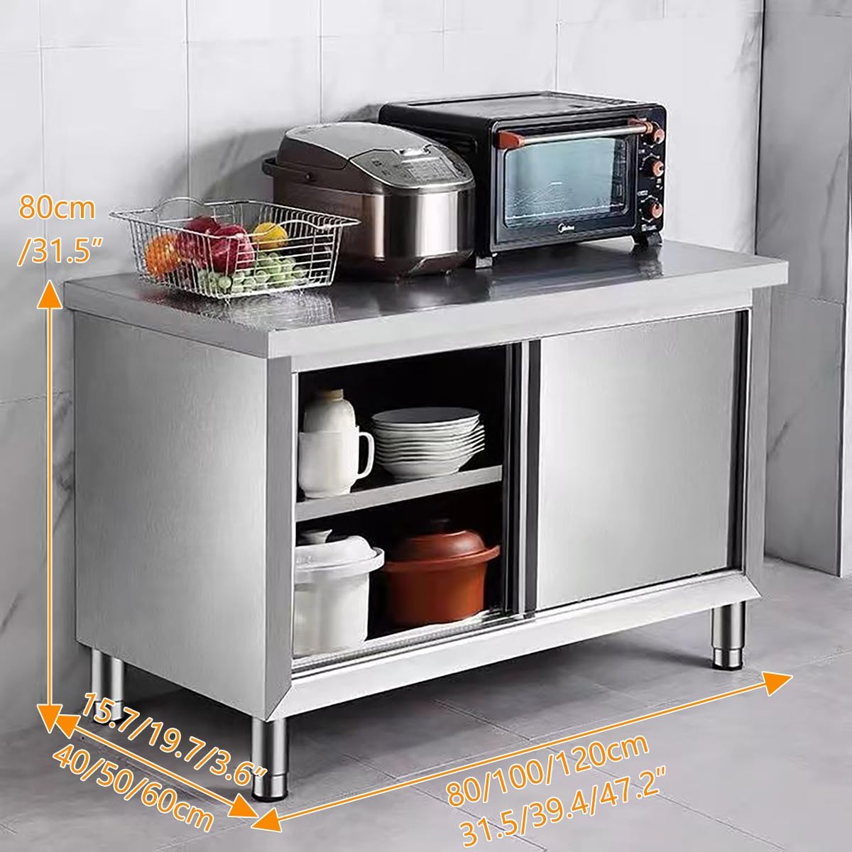 Mesa de trabajo de acero inoxidable con puerta corredera, mesa de preparación comercial resistente para cocina y restaurante, capacidad de carga de 1240 libras